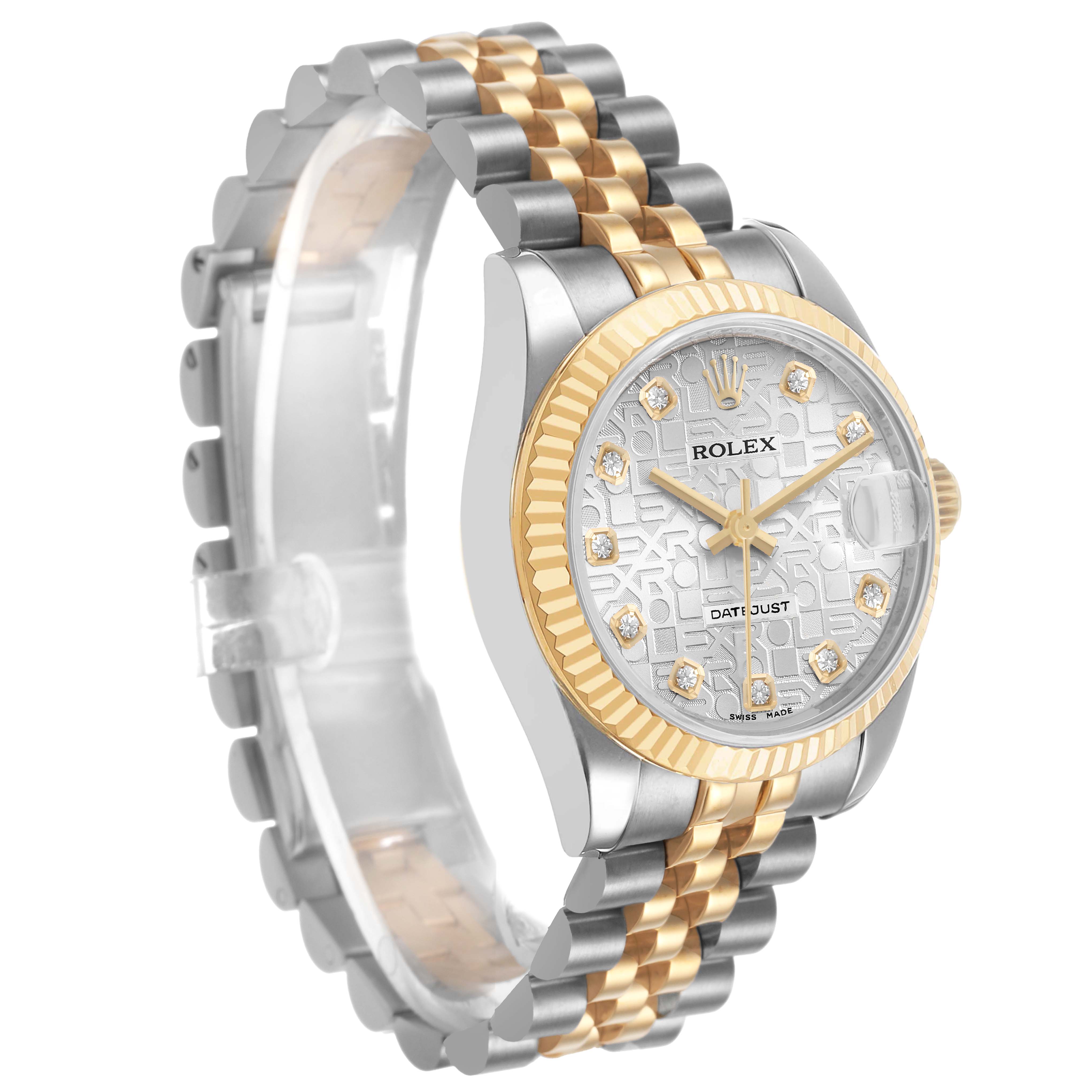The Rolex Mid-Size 178273 Women's Steel and Gold (two tone) Silver Dial watch is shown at a slight angle, displaying the face, bezel, and bracelet.