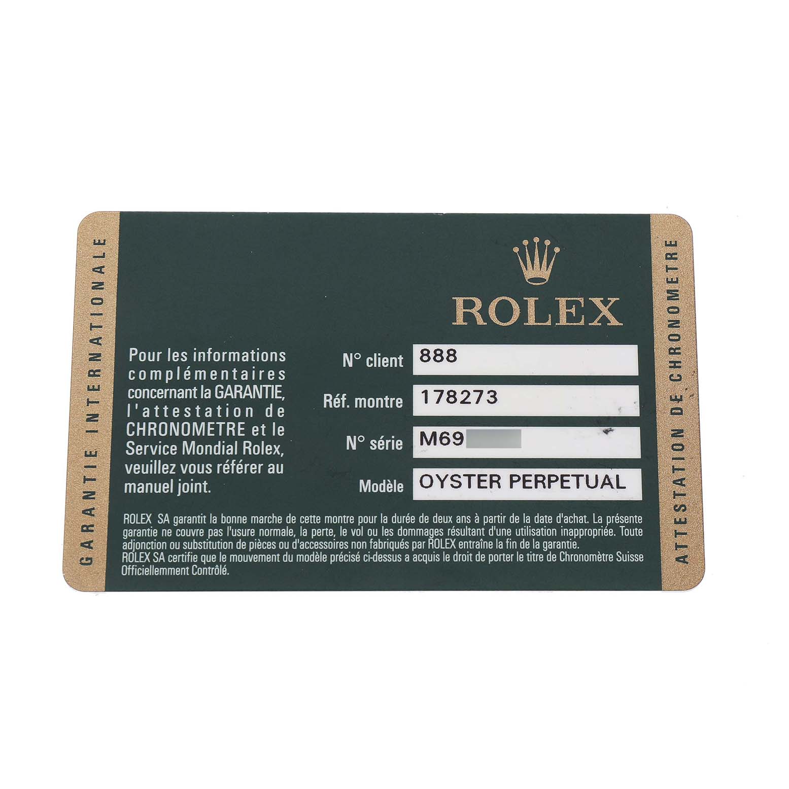The image shows a warranty card for the Rolex Mid-Size 178273 Women's Steel and Gold (two tone) Silver Dial Oyster Perpetual model.