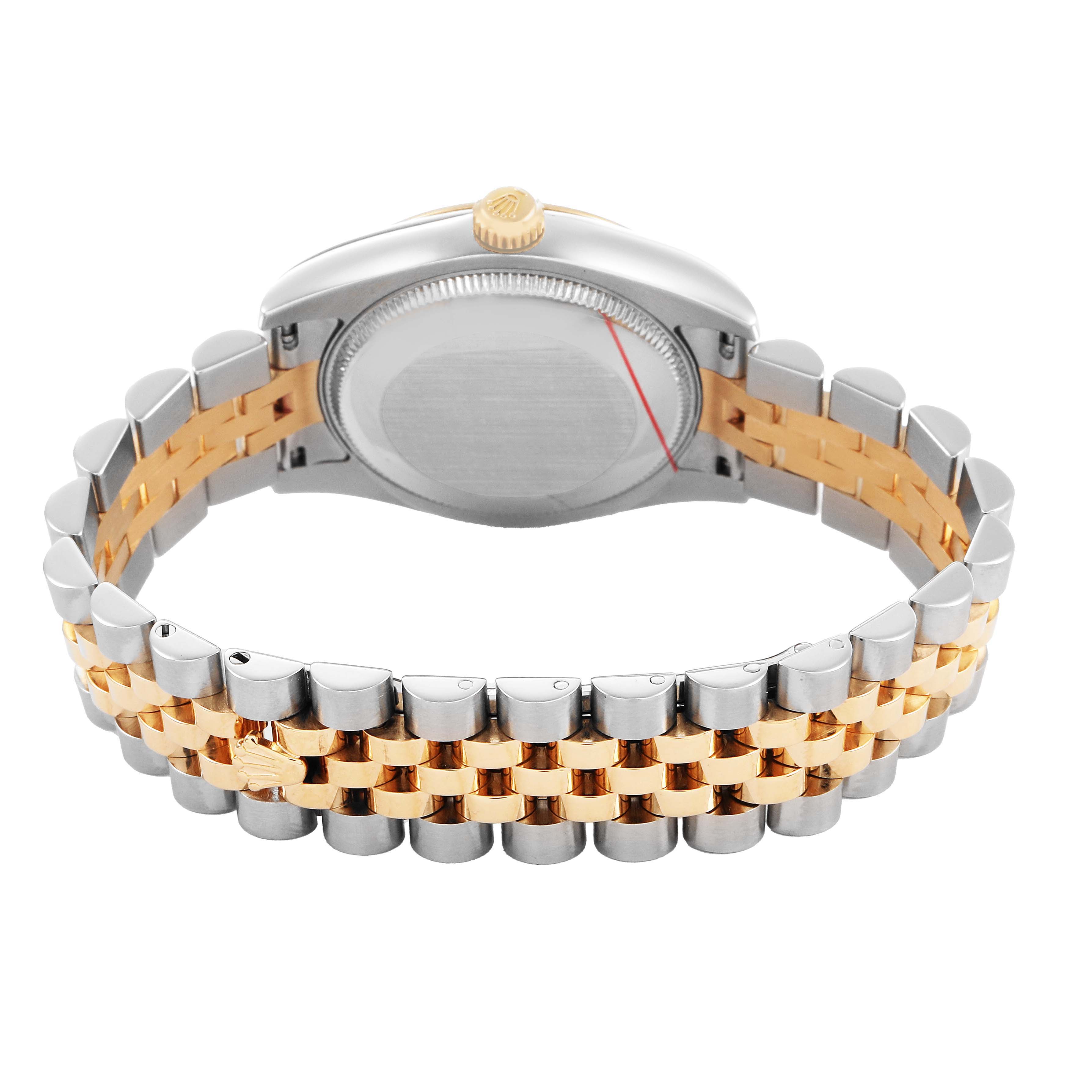 The image shows the back and bracelet of a Rolex Mid-Size 178273 Women's Steel and Gold (two tone) Silver Dial model, highlighting its two-tone metal design.