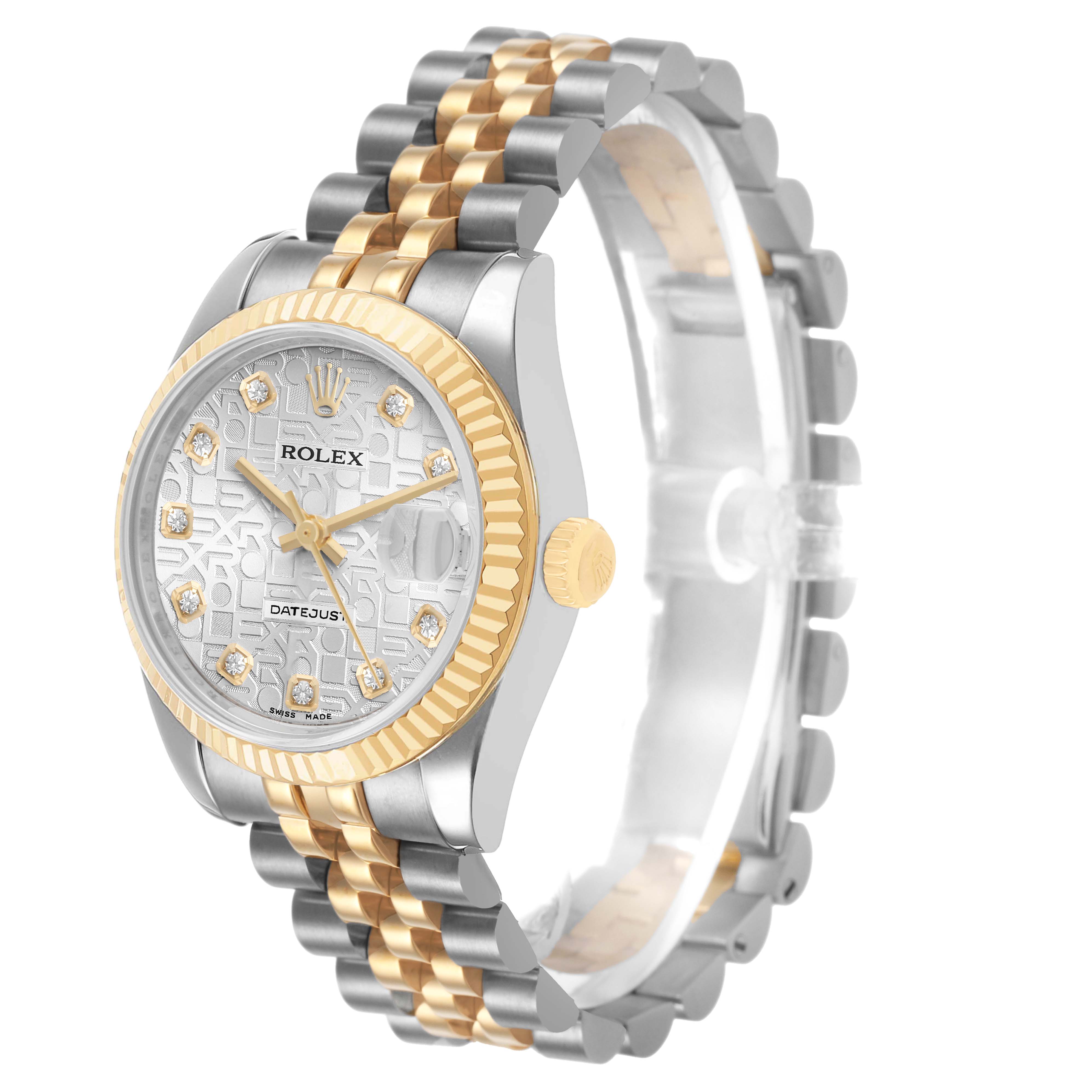 The Rolex Mid-Size 178273 Women's Steel and Gold (two tone) Silver Dial Datejust watch is shown at a three-quarter angle, highlighting the bezel, face, crown, and bracelet.