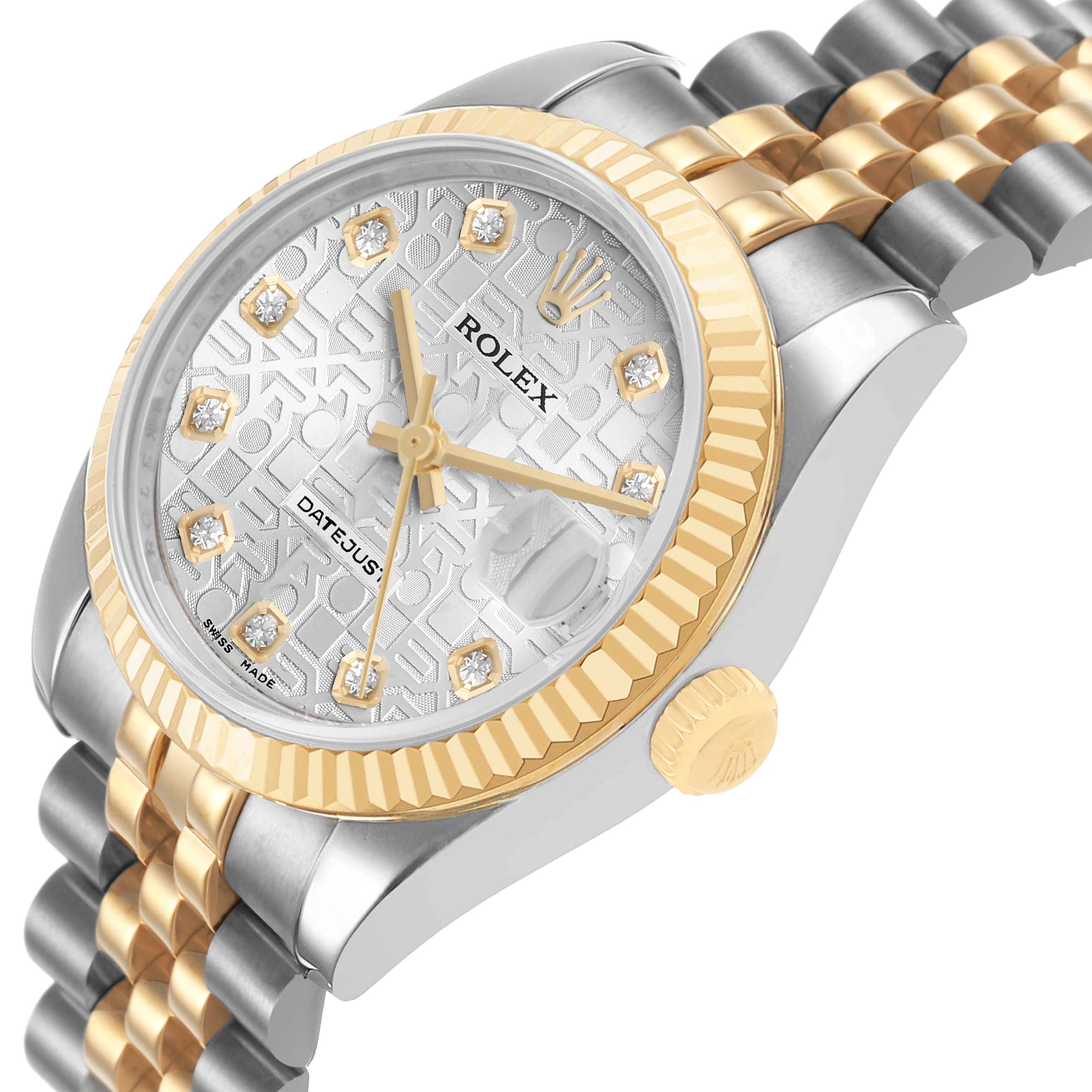 The Rolex Mid-Size 178273 Women's Steel and Gold (two tone) Silver Dial watch is shown at a slight angle, highlighting the dial, bezel, crown, and bracelet.