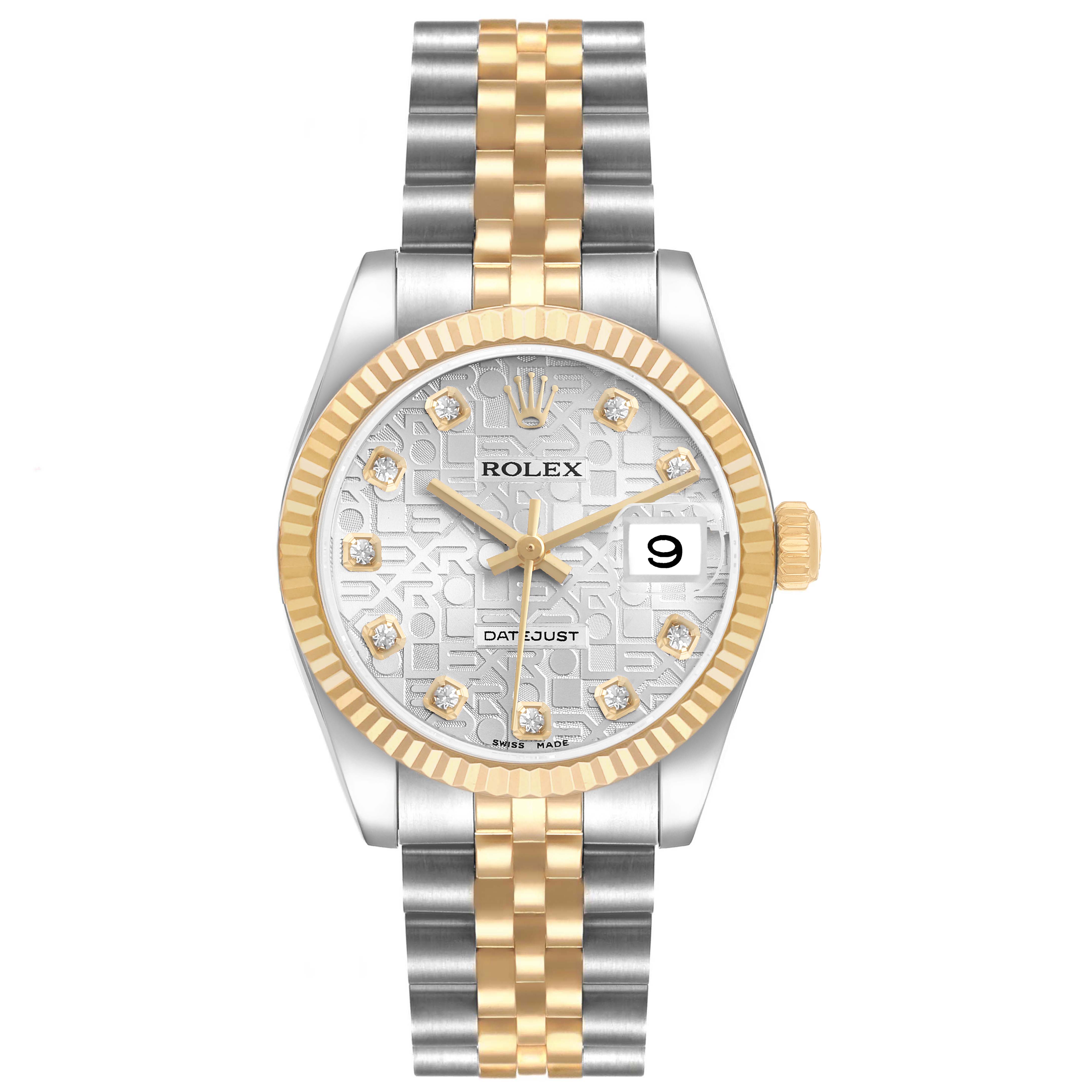 The Rolex Mid-Size 178273 Women's Steel and Gold (two tone) Silver Dial watch is shown from the front, highlighting its dial, bezel, and Jubilee bracelet.