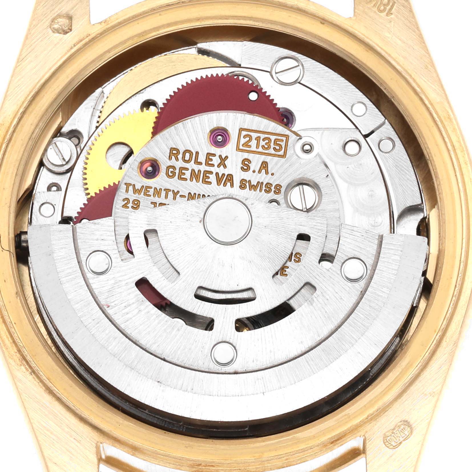 The image displays the internal movement mechanism of a Rolex President 69178 Women's Yellow Gold Champagne Dial 69178 Women's Yellow Gold Champagne Dial model watch from a close-up, top-down angle.