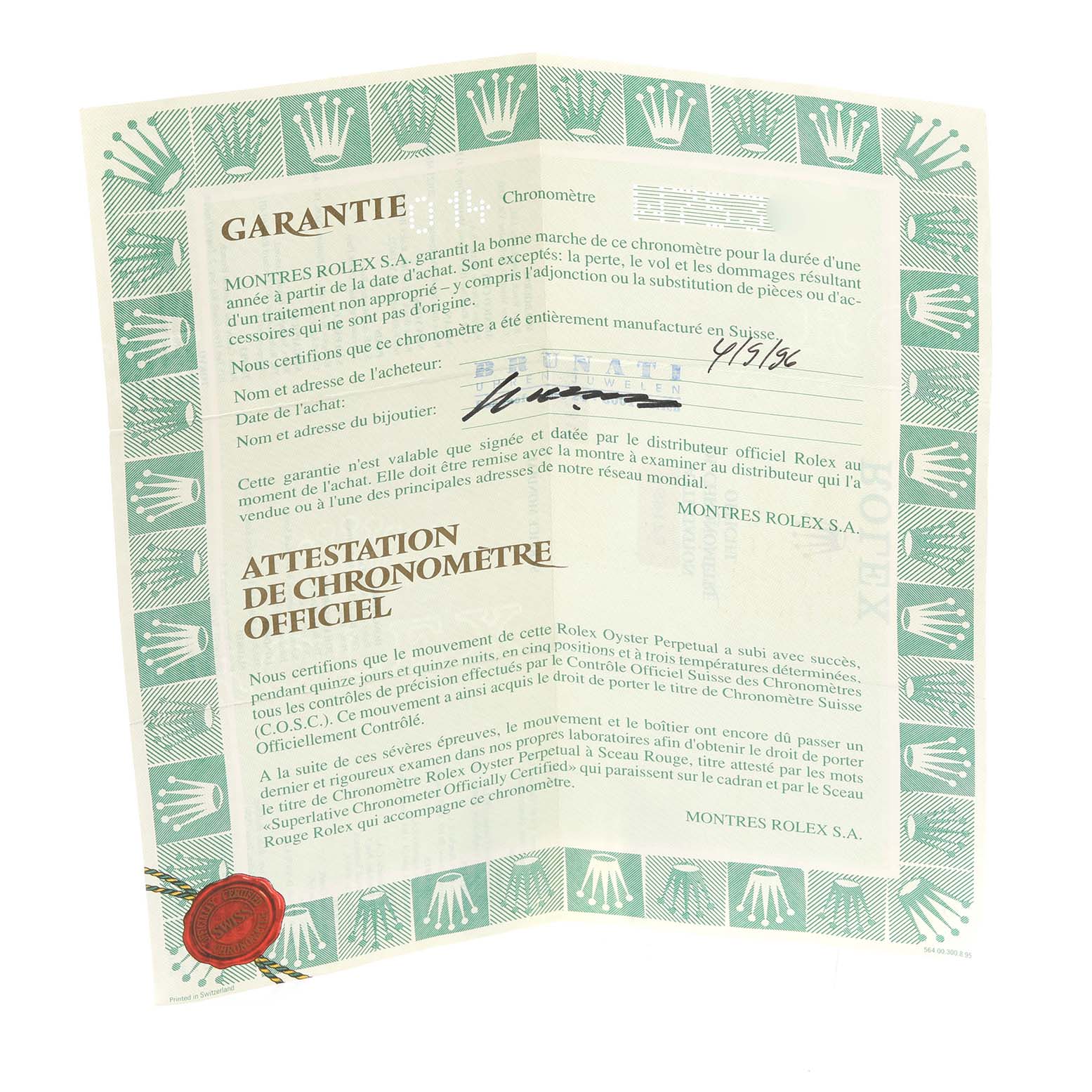 The image shows the warranty certificate for the Rolex President 69178 Women's Yellow Gold Champagne Dial 69178 Women's Yellow Gold Champagne Dial model watch.
