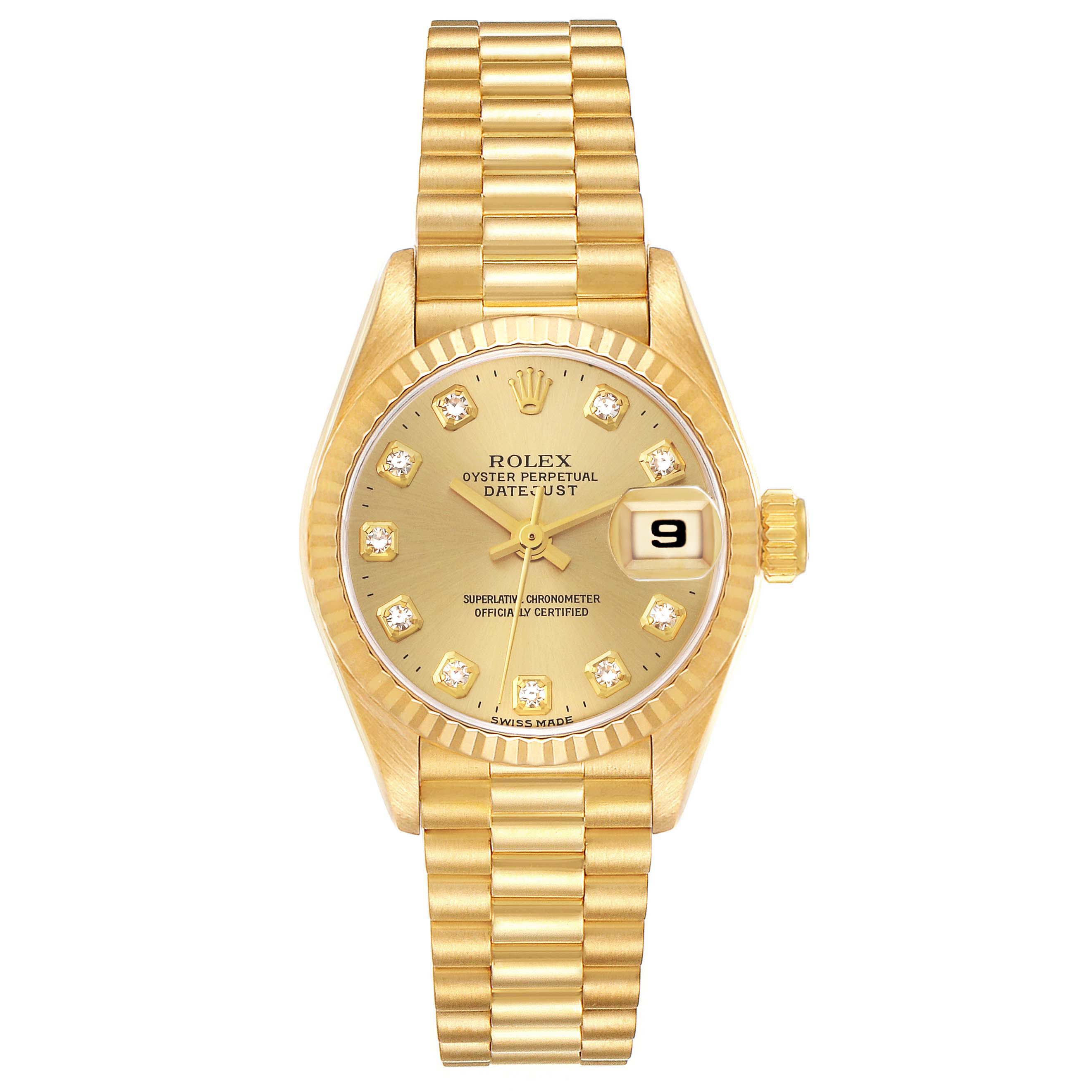 The image shows a Rolex President 69178 Women's Yellow Gold Champagne Dial 69178 Women's Yellow Gold Champagne Dial model watch from a front angle, displaying its gold dial, date window, and bracelet.