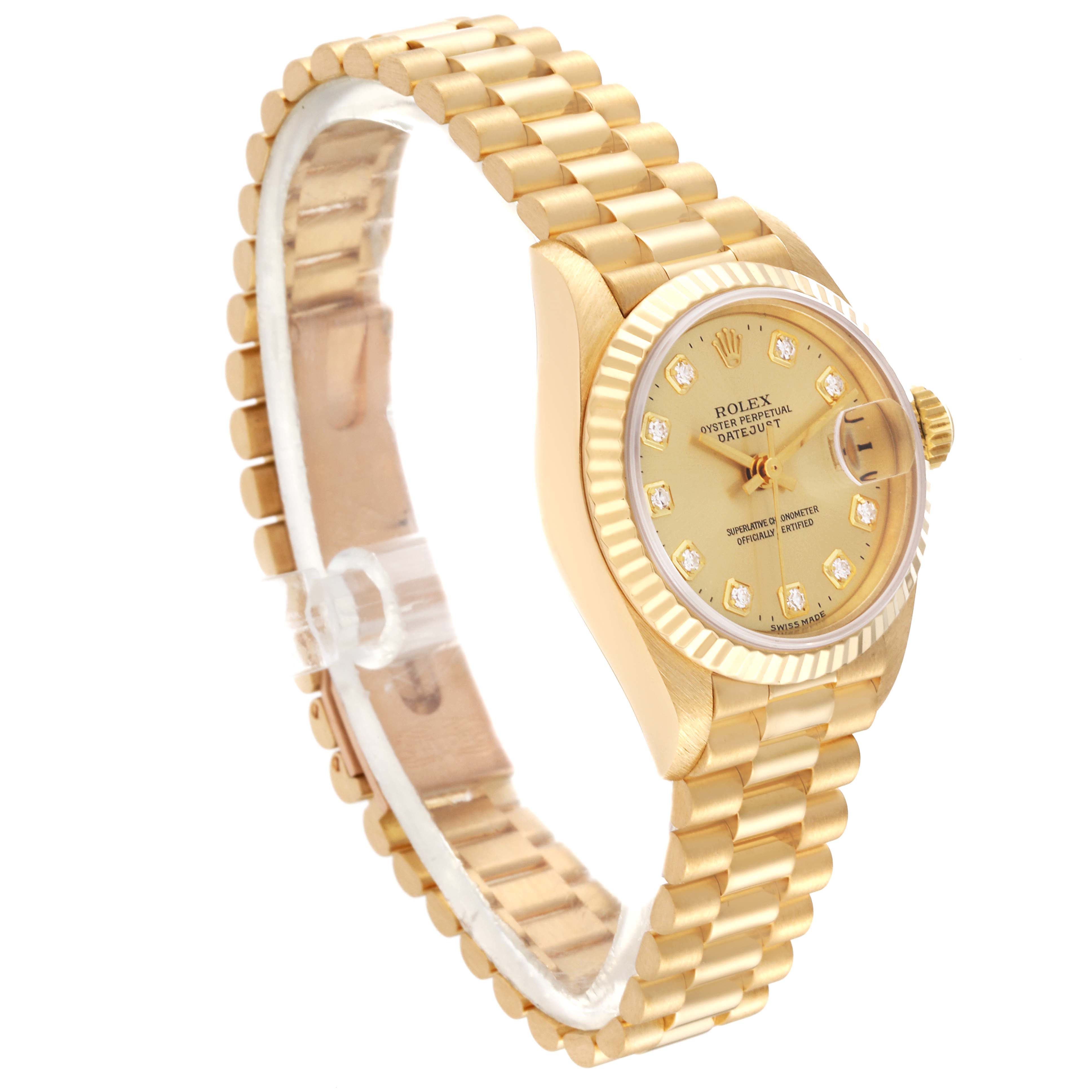 The Rolex President 69178 Women's Yellow Gold Champagne Dial 69178 Women's Yellow Gold Champagne Dial model watch is shown at a slight angle, highlighting its gold case, bracelet, and diamond hour markers.