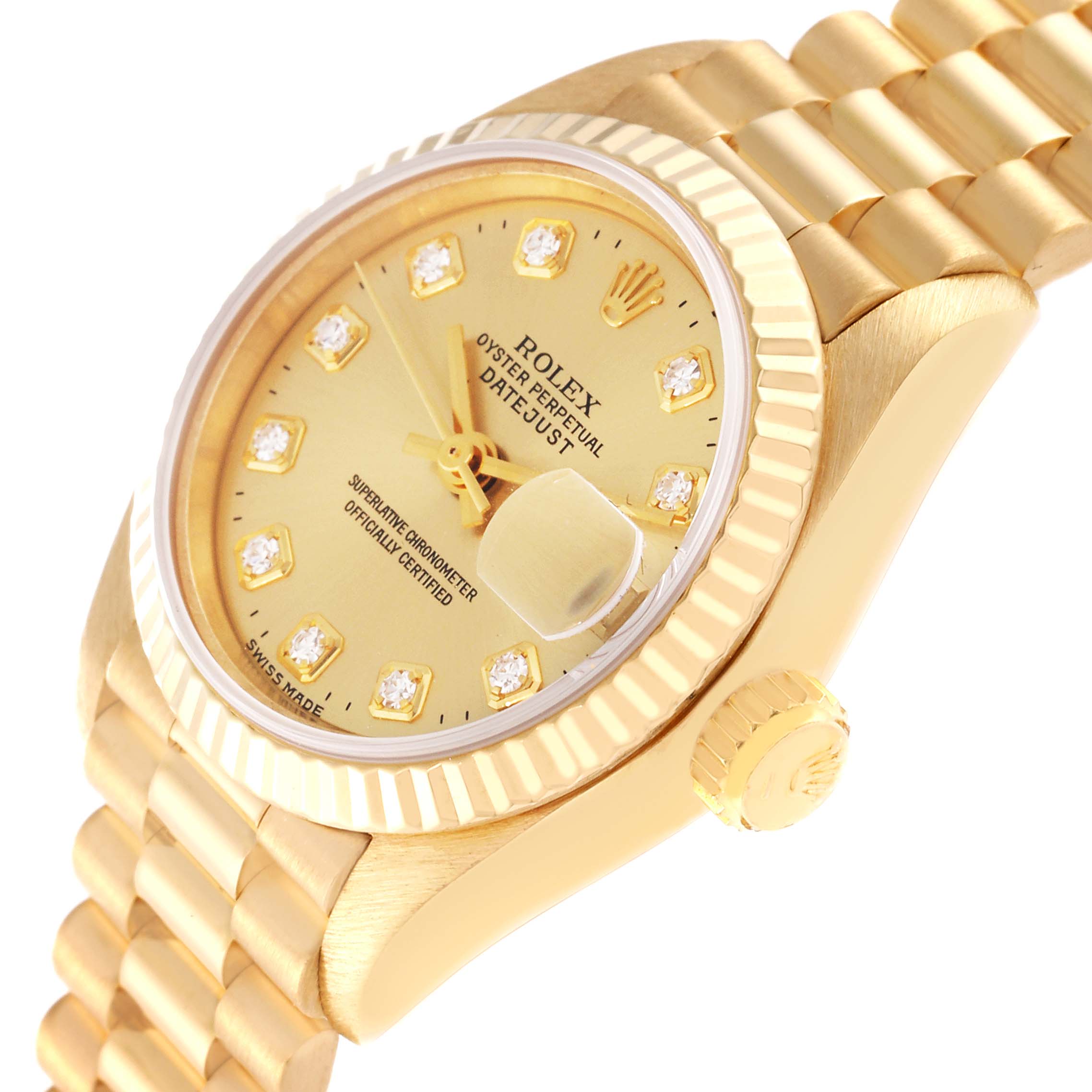 The image shows a close-up side angle of a Rolex President 69178 Women's Yellow Gold Champagne Dial 69178 Women's Yellow Gold Champagne Dial model watch, highlighting its dial, crown, and part of the bracelet.