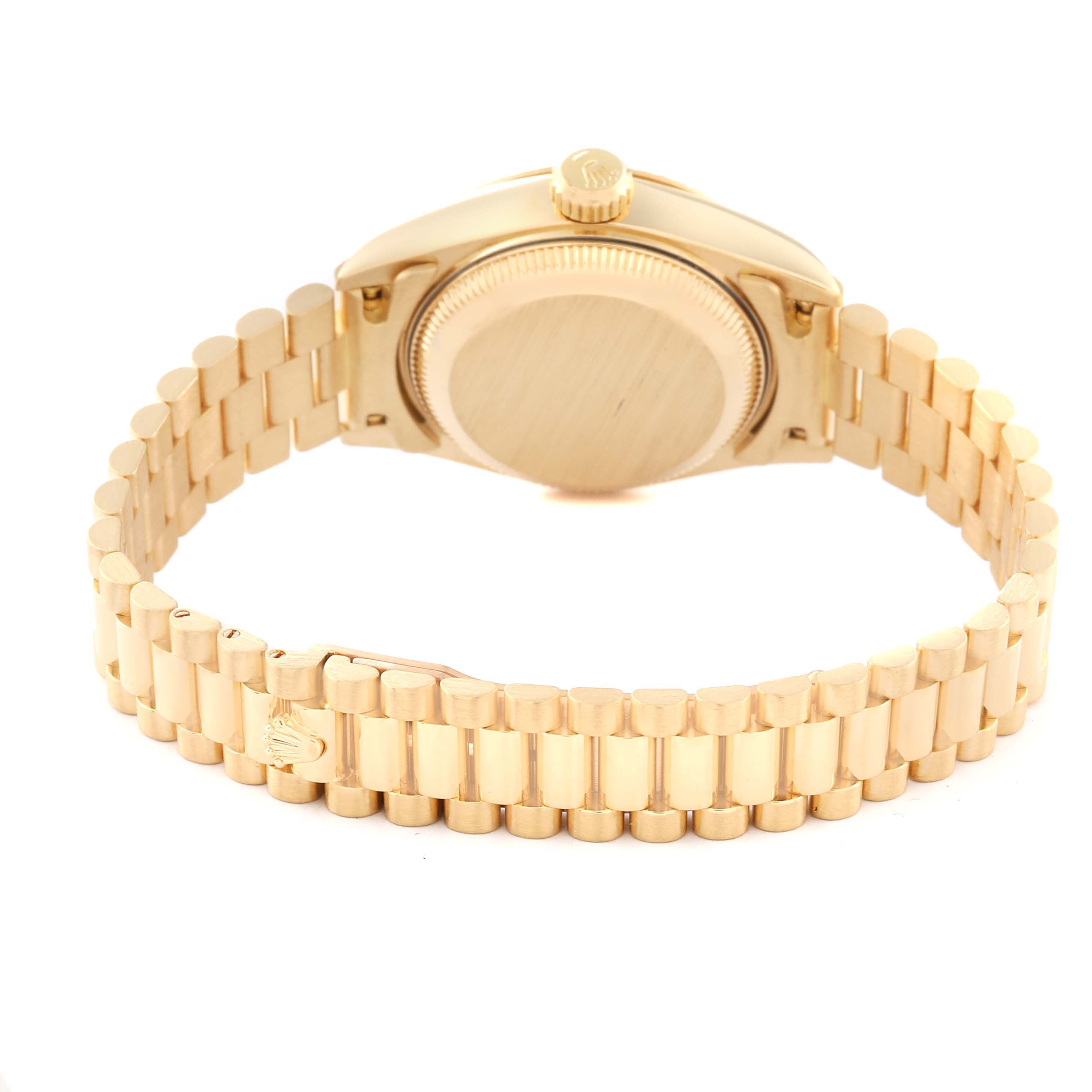 The image shows the back of a Rolex President 69178 Women's Yellow Gold Champagne Dial 69178 Women's Yellow Gold Champagne Dial model watch, highlighting its gold bracelet and case back.