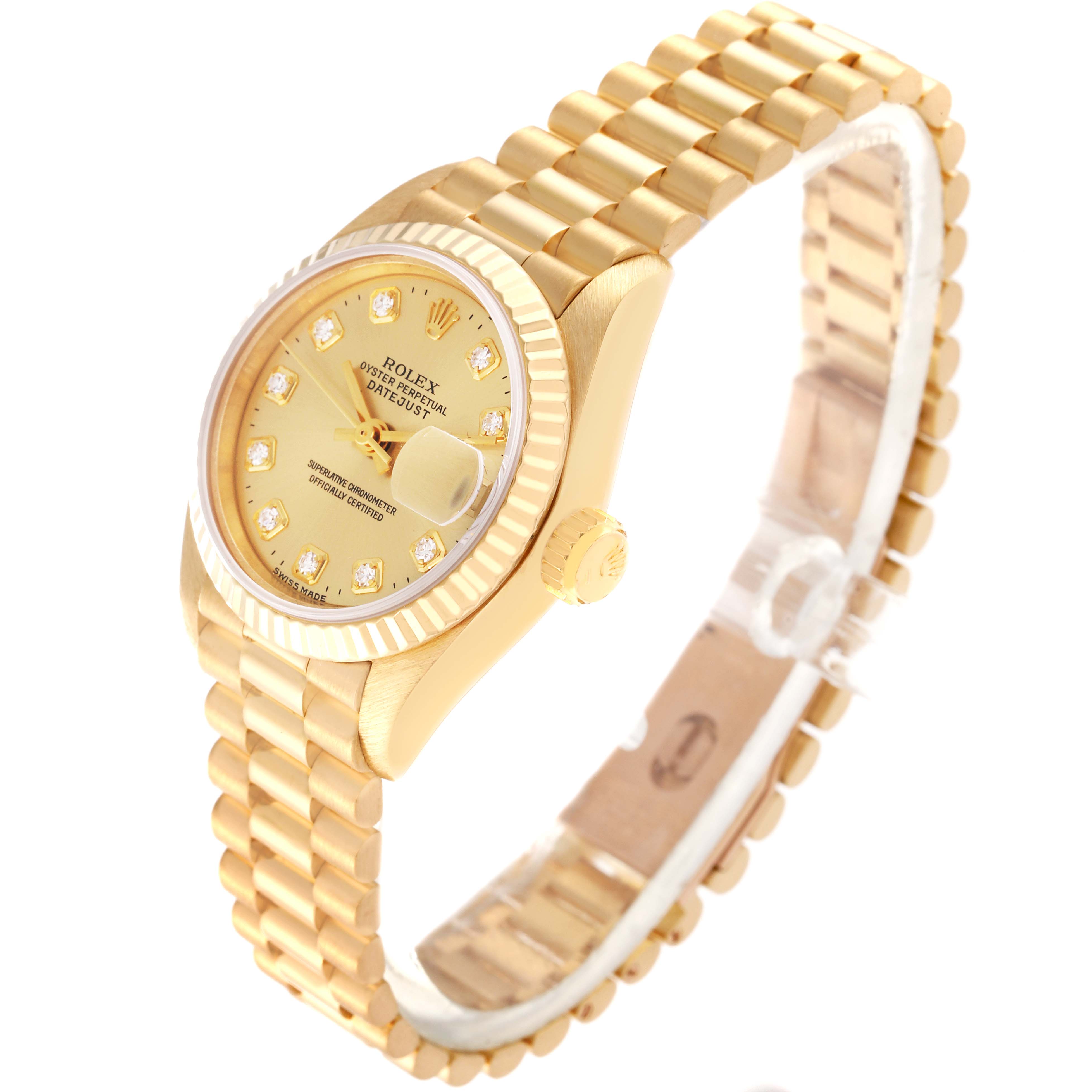 The image shows a Rolex President 69178 Women's Yellow Gold Champagne Dial 69178 Women's Yellow Gold Champagne Dial model watch at a 45-degree angle, highlighting the gold bracelet, case, and dial.