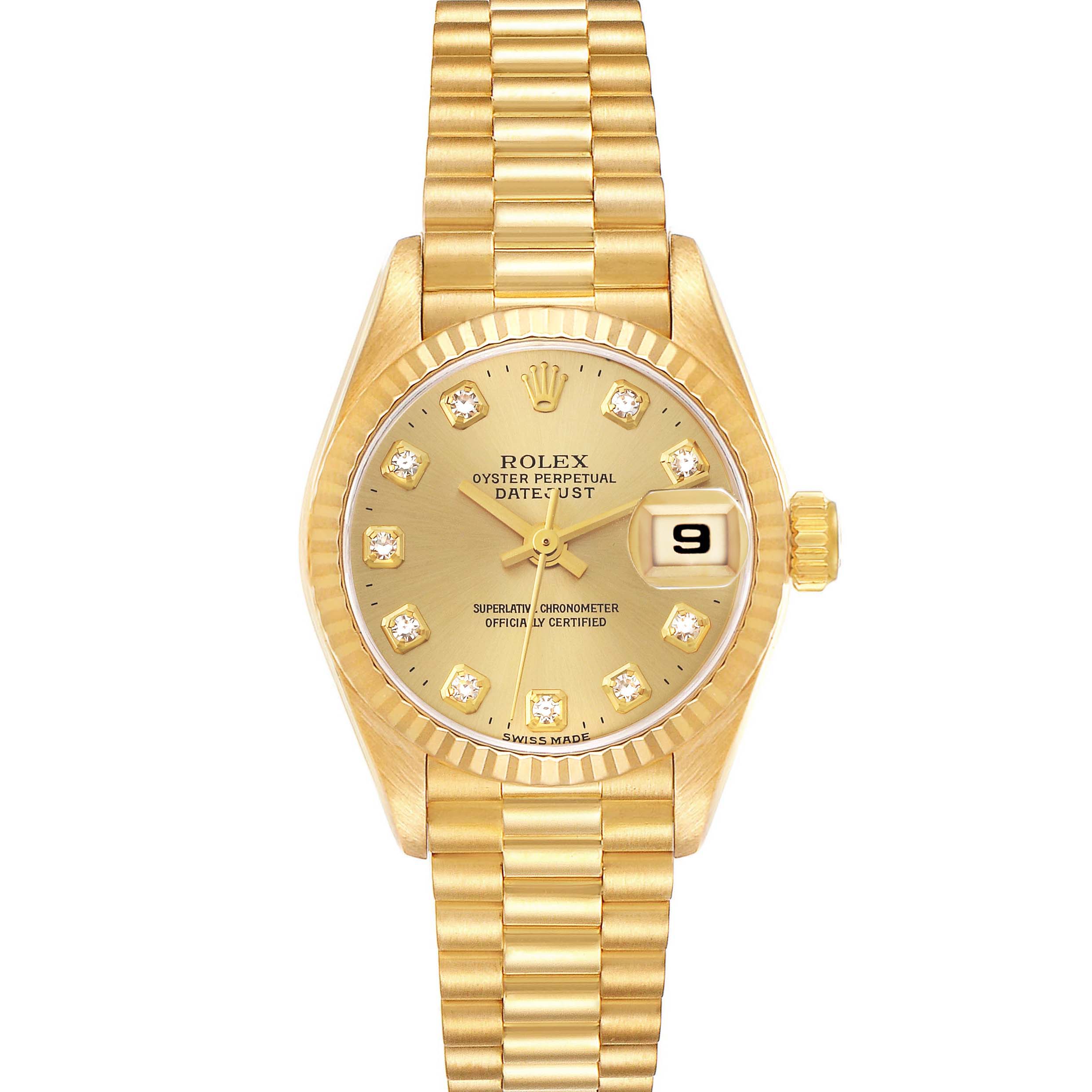 The image shows a front view of a Rolex President 69178 Women's Yellow Gold Champagne Dial 69178 Women's Yellow Gold Champagne Dial model, highlighting its gold bracelet, diamond hour markers, and date display.