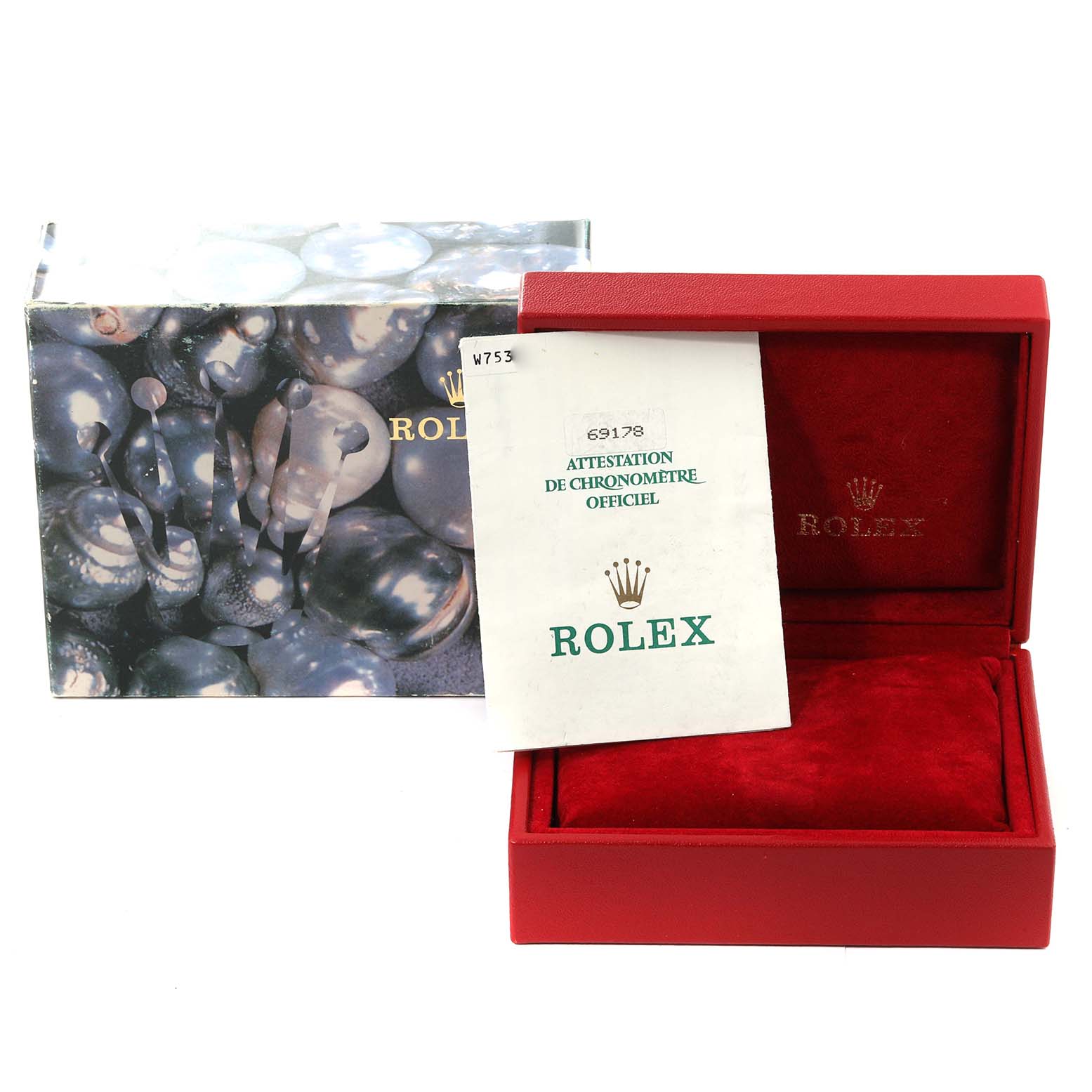 The image shows the Rolex President 69178 Women's Yellow Gold Champagne Dial 69178 Women's Yellow Gold Champagne Dial model's outer box, red interior case, and official chronometer certification.