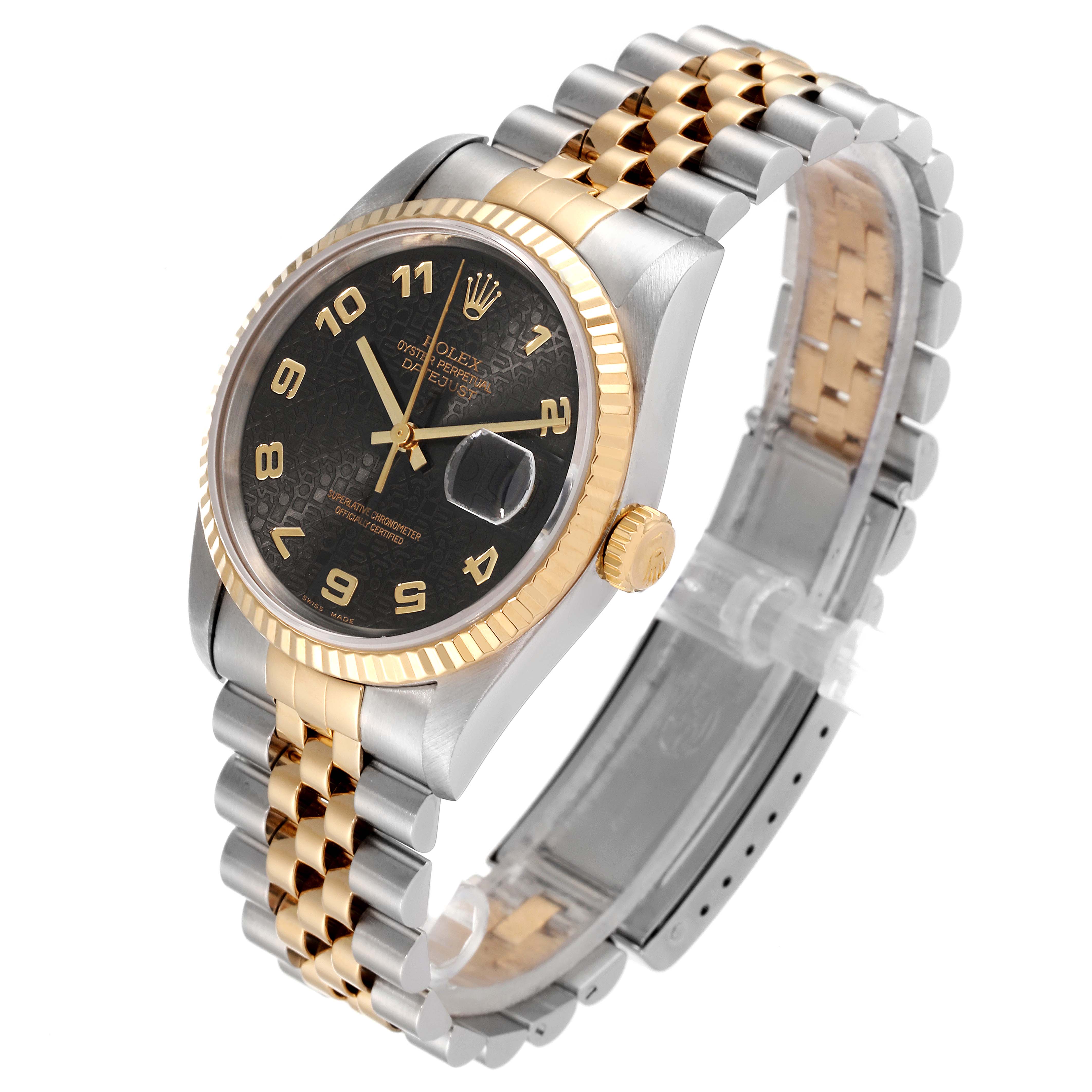 This Rolex Datejust 16233 Men's Steel and Gold (two tone) Black Dial 16233 Men's Steel and Gold (two tone) Black Dial watch is shown at an oblique angle, displaying the dial, bezel, crown, and part of the bracelet.