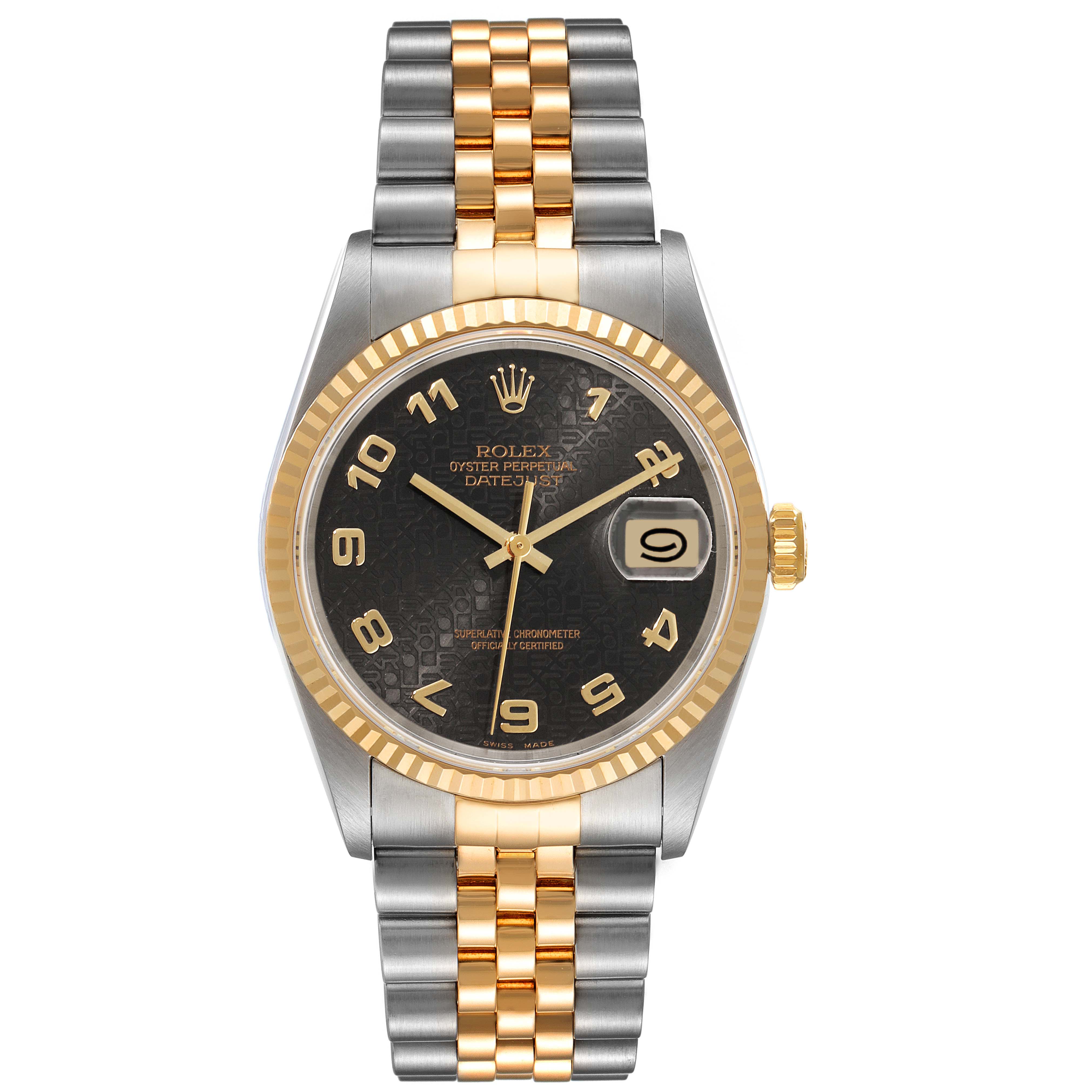 This Rolex Datejust 16233 Men's Steel and Gold (two tone) Black Dial 16233 Men's Steel and Gold (two tone) Black Dial watch is shown from a front angle, highlighting the face, bezel, and two-tone bracelet.