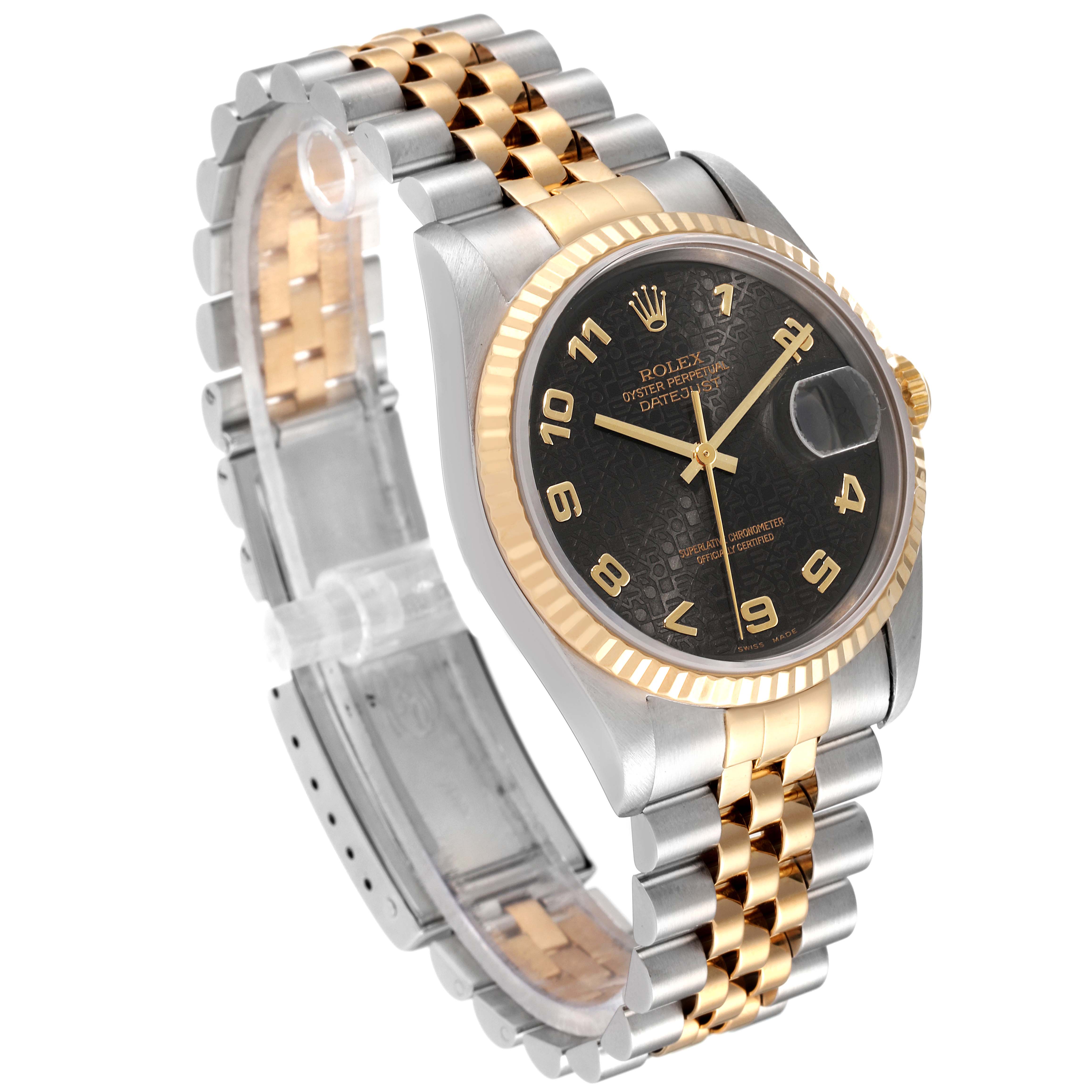 This Rolex Datejust 16233 Men's Steel and Gold (two tone) Black Dial 16233 Men's Steel and Gold (two tone) Black Dial watch is shown at an angled side view, displaying the face, bezel, and two-tone Jubilee bracelet.