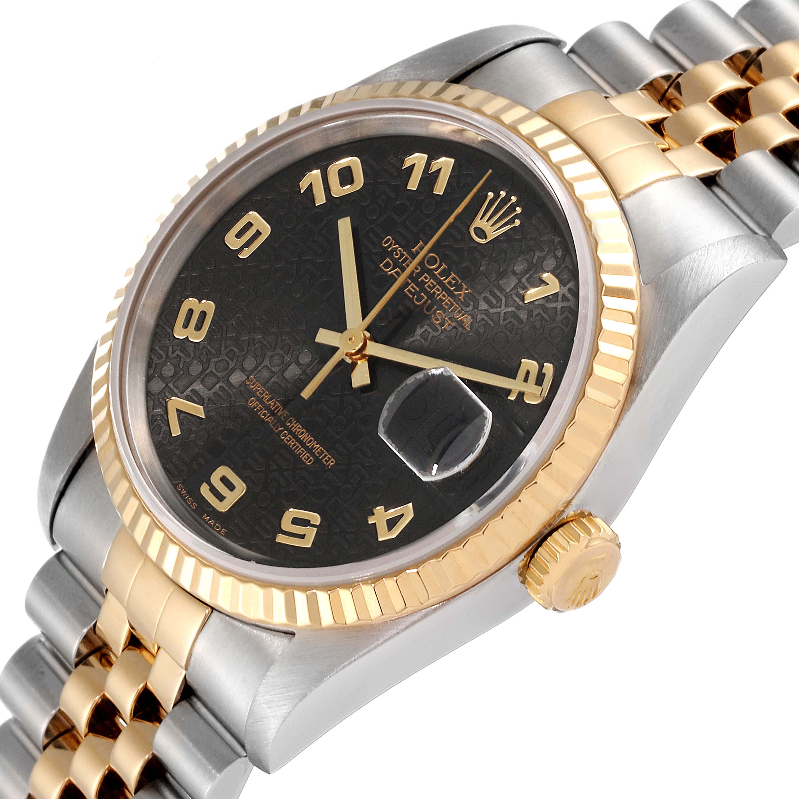 The image shows a Rolex Datejust 16233 Men's Steel and Gold (two tone) Black Dial 16233 Men's Steel and Gold (two tone) Black Dial watch from a front-side angle, highlighting the bezel, dial, crown, and part of the bracelet.