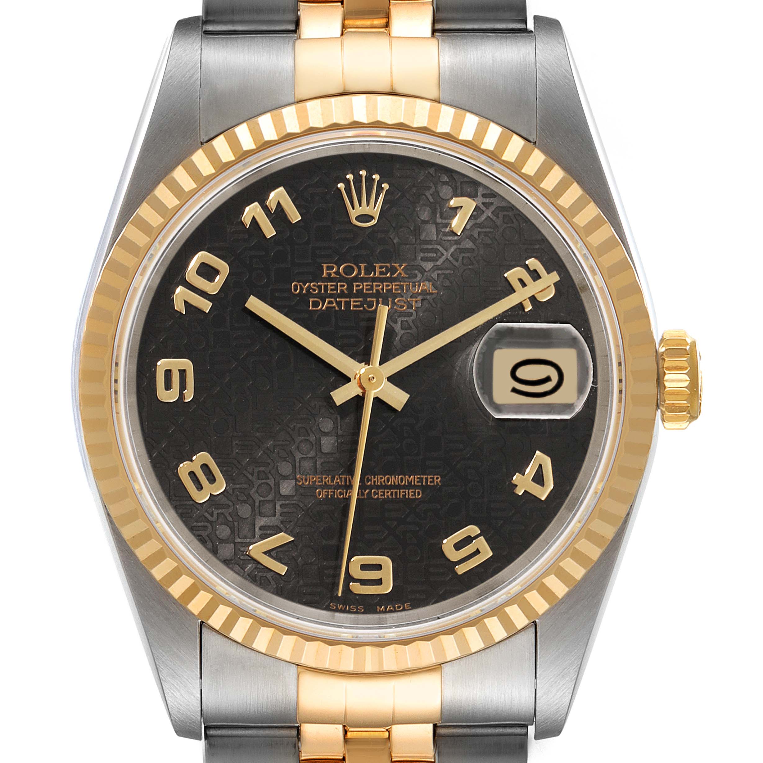 The image shows a frontal view of a Rolex Datejust 16233 Men's Steel and Gold (two tone) Black Dial 16233 Men's Steel and Gold (two tone) Black Dial watch highlighting its dial, fluted bezel, and two-tone bracelet.
