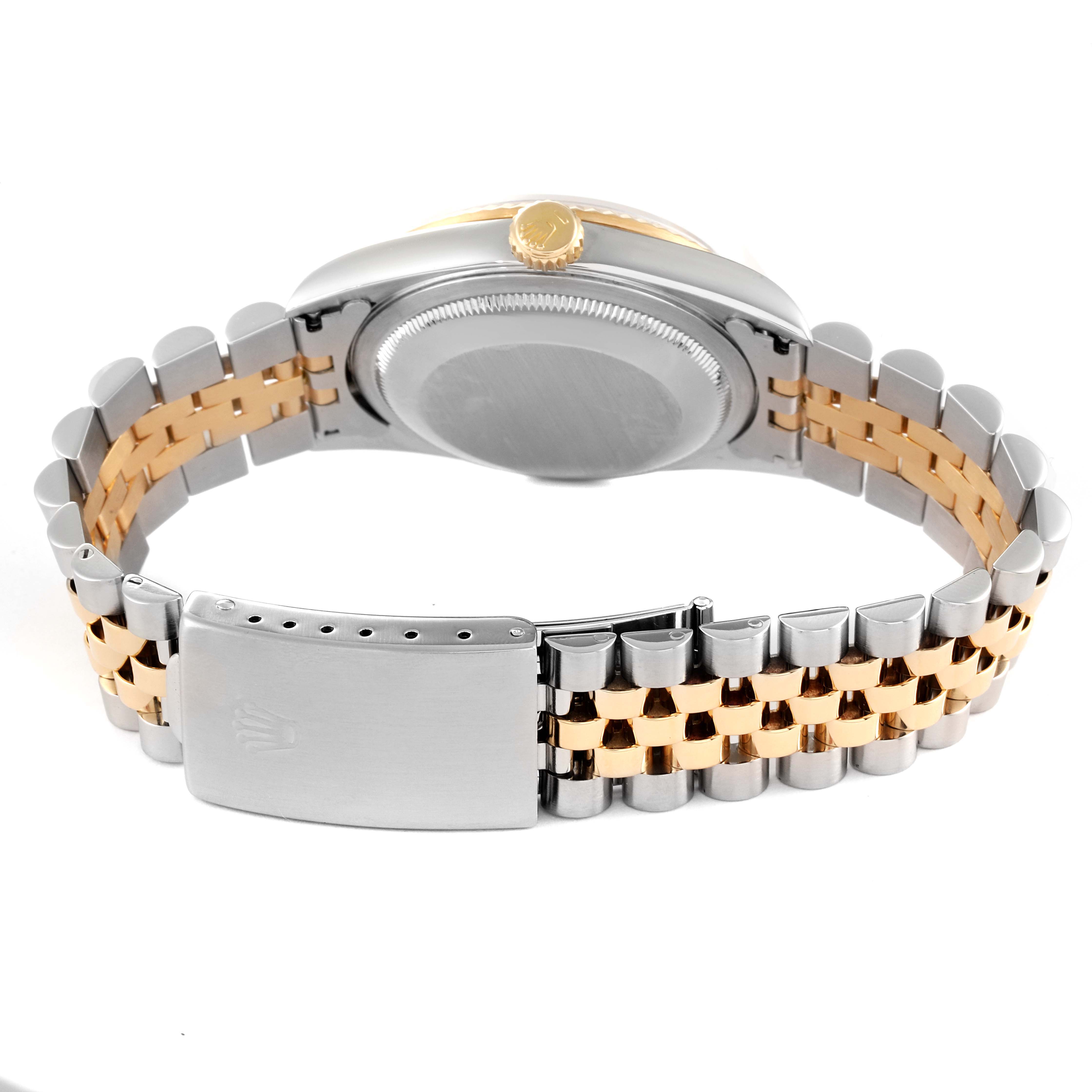 The image shows the back and clasp of the Rolex Datejust 16233 Men's Steel and Gold (two tone) Black Dial 16233 Men's Steel and Gold (two tone) Black Dial watch with a two-tone metal bracelet.