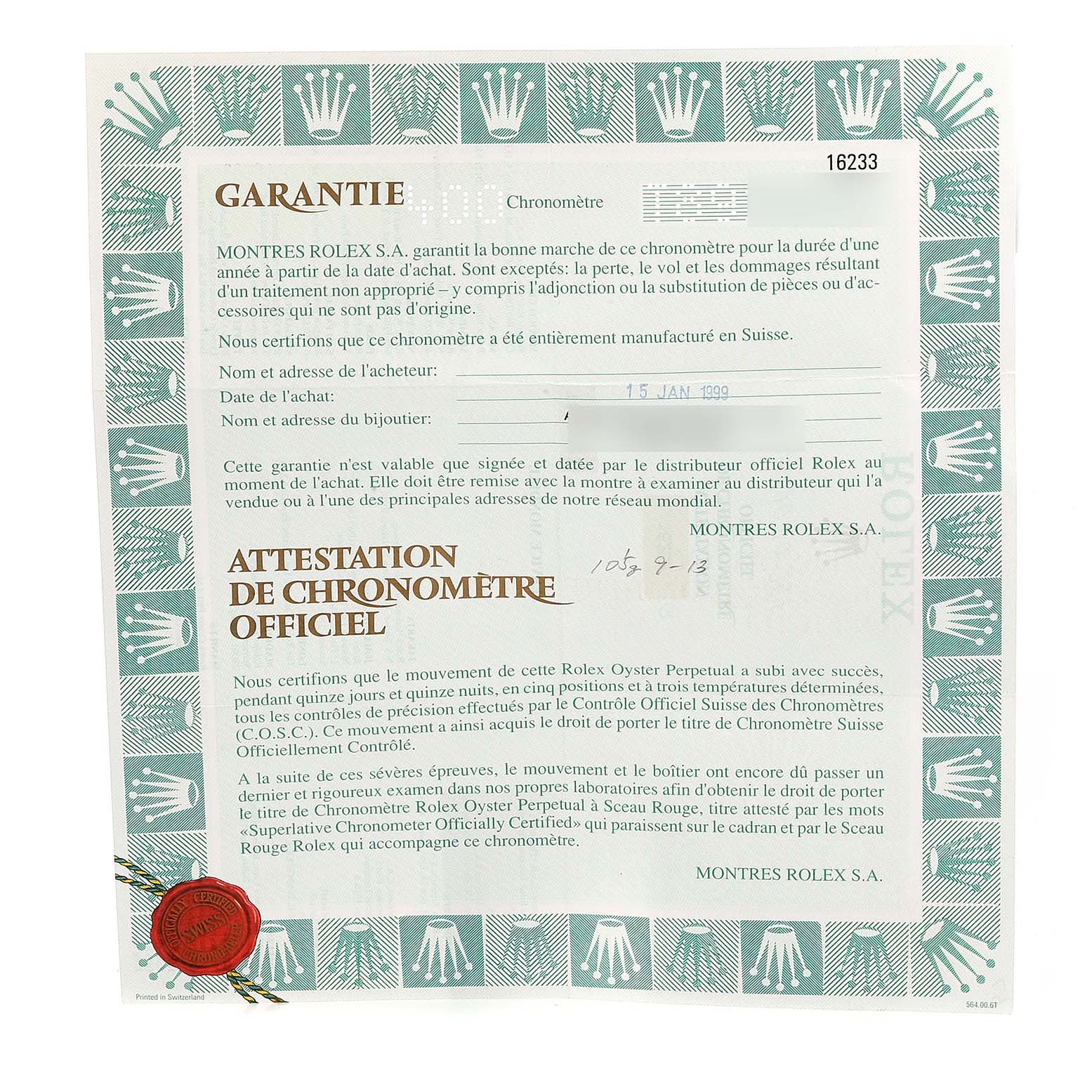 The image shows the warranty and certification documents for the Rolex Datejust 16233 Men's Steel and Gold (two tone) Black Dial 16233 Men's Steel and Gold (two tone) Black Dial watch.