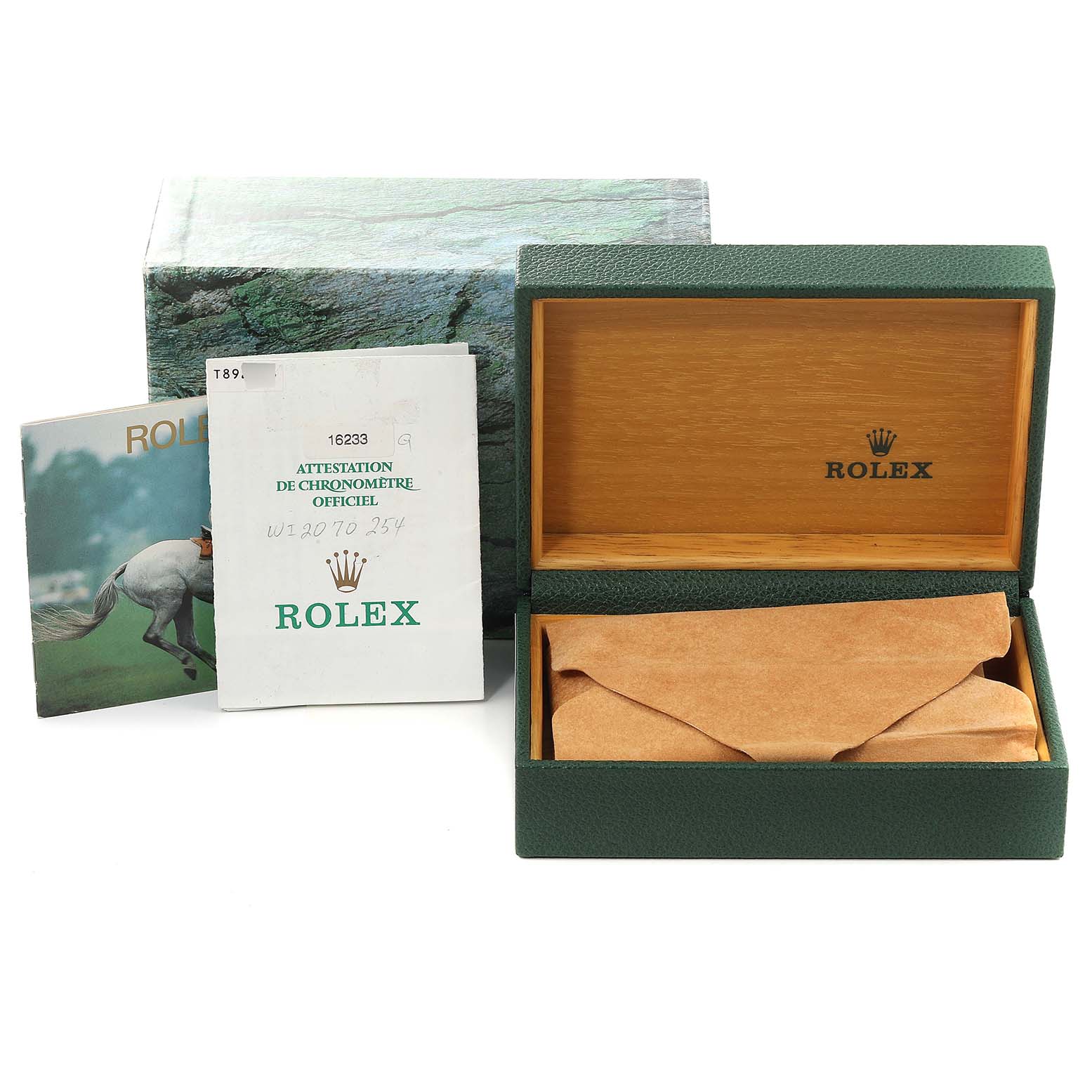 The image shows the packaging box, warranty card, and booklets for a Rolex Datejust 16233 Men's Steel and Gold (two tone) Black Dial 16233 Men's Steel and Gold (two tone) Black Dial watch.