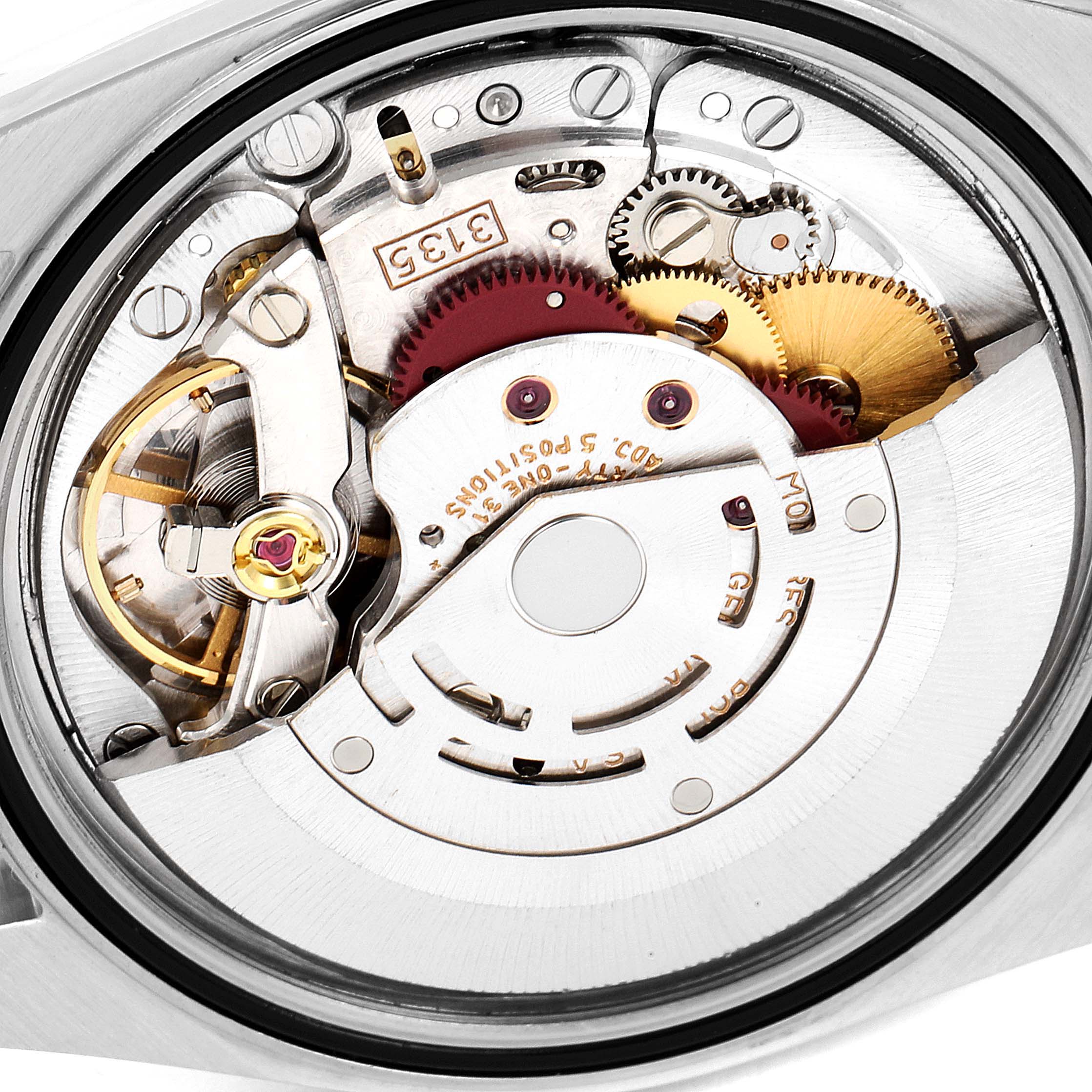 This image shows the internal movement parts of a Rolex Datejust 16233 Men's Steel and Gold (two tone) Champagne Dial 16233 Men's Steel and Gold (two tone) Champagne Dial watch from an angled close-up view.