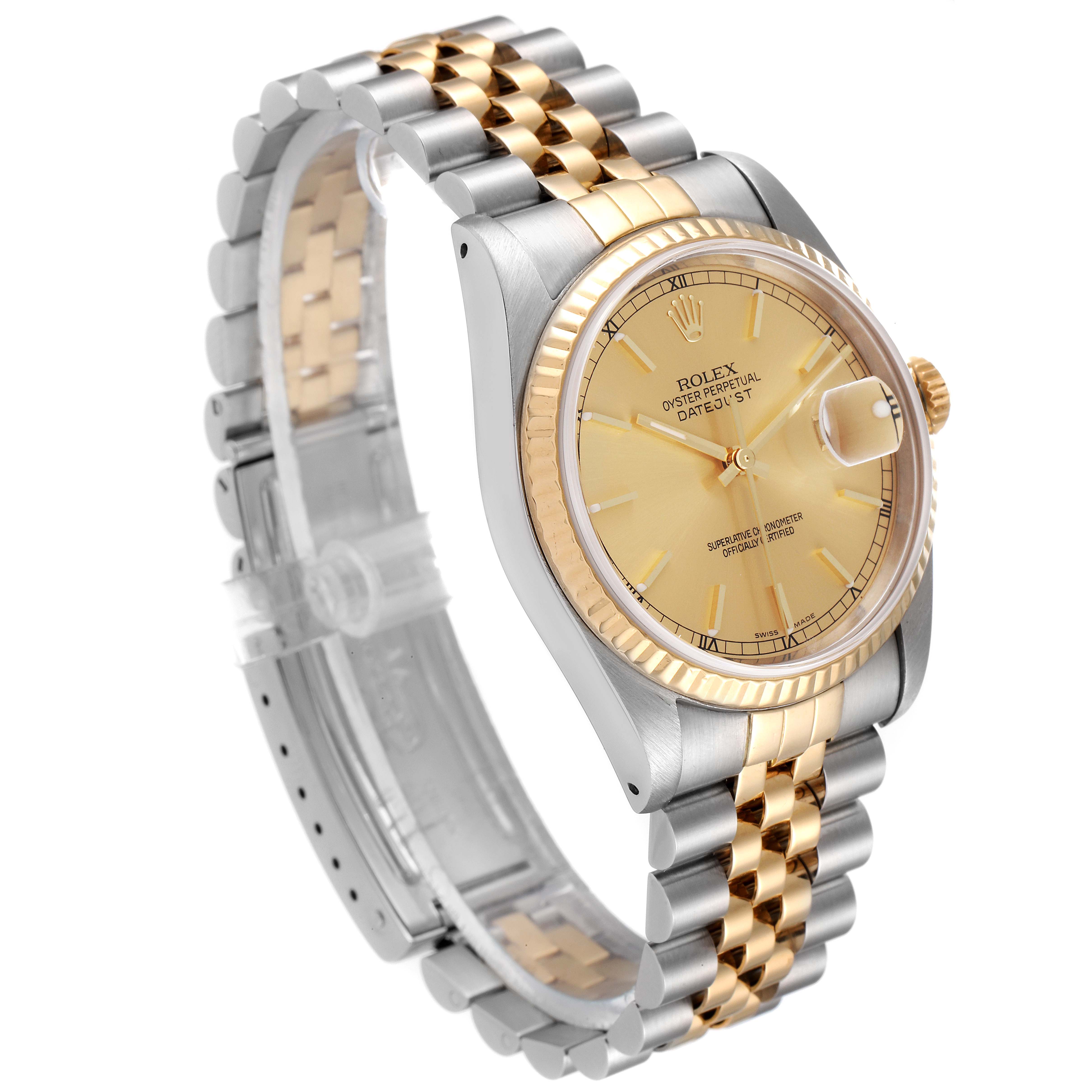 The Rolex Datejust 16233 Men's Steel and Gold (two tone) Champagne Dial 16233 Men's Steel and Gold (two tone) Champagne Dial watch is shown at a slight side angle, highlighting its gold and silver bracelet, gold dial, and fluted bezel.