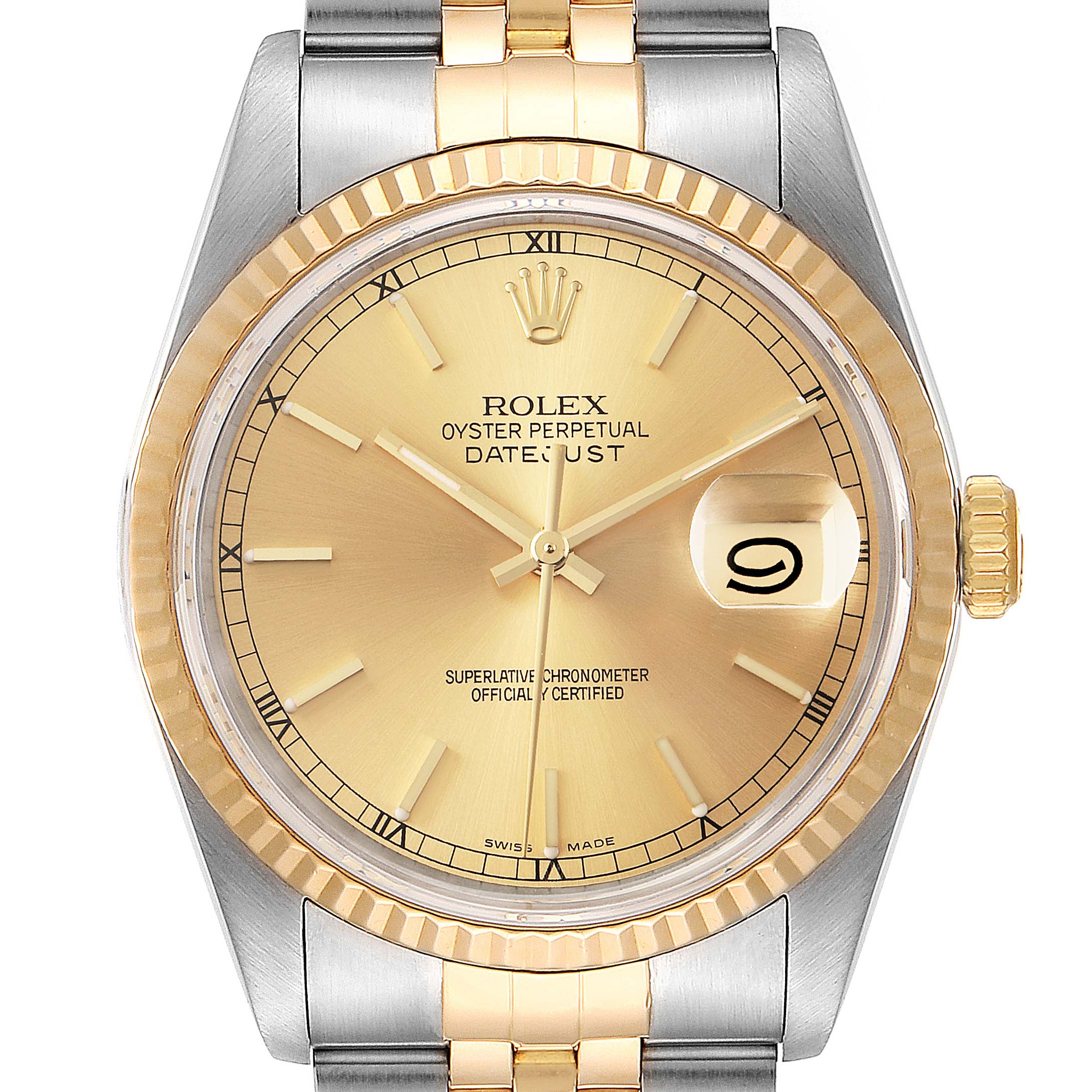 The image shows a front view of a Rolex Datejust 16233 Men's Steel and Gold (two tone) Champagne Dial 16233 Men's Steel and Gold (two tone) Champagne Dial watch, highlighting the dial, bezel, crown, and part of the bracelet.