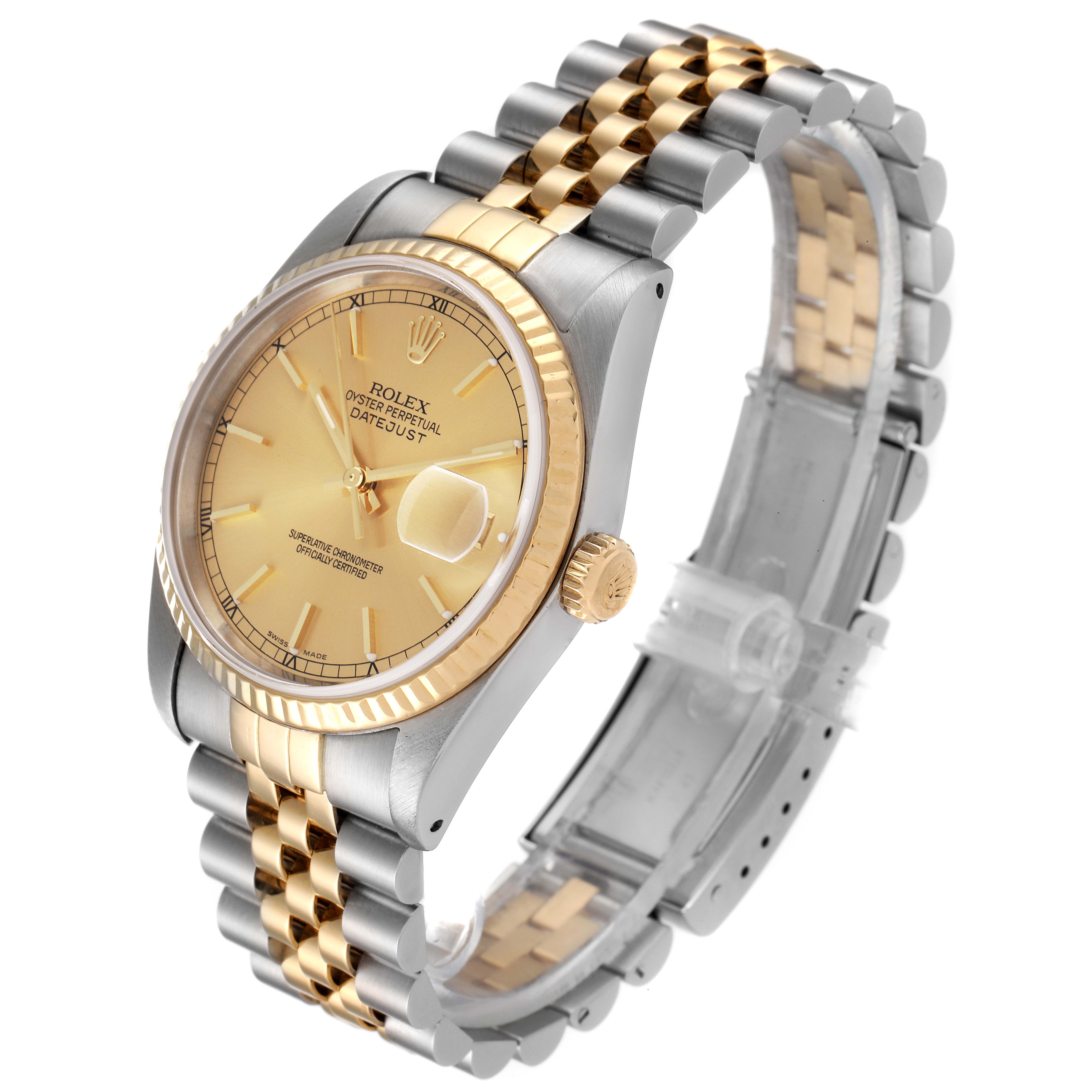 This Rolex Datejust 16233 Men's Steel and Gold (two tone) Champagne Dial 16233 Men's Steel and Gold (two tone) Champagne Dial watch is shown at an angle highlighting its face, crown, and two-tone bracelet.