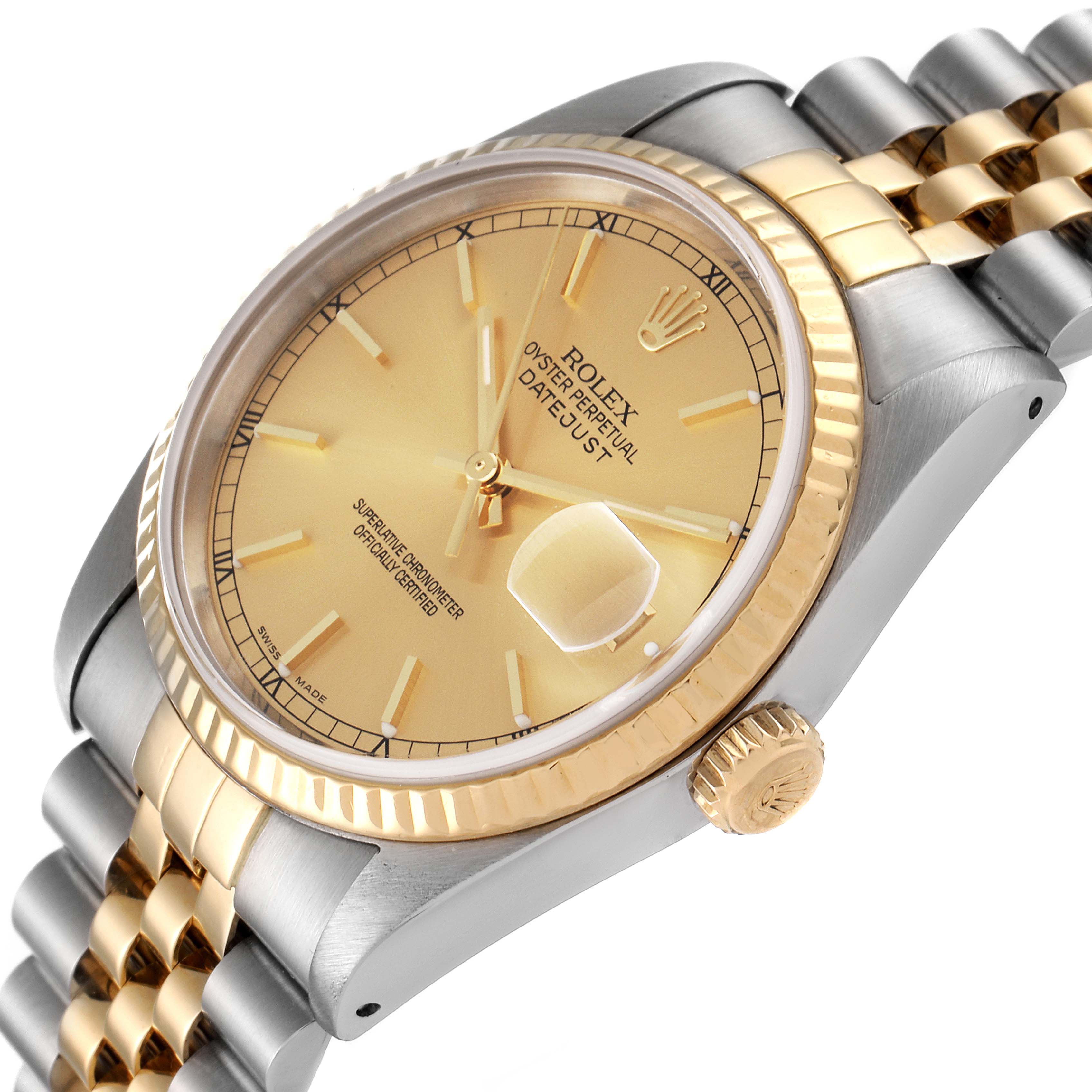 The Rolex Datejust 16233 Men's Steel and Gold (two tone) Champagne Dial 16233 Men's Steel and Gold (two tone) Champagne Dial watch is shown at an angle, highlighting the dial, bezel, crown, and a portion of the bracelet.
