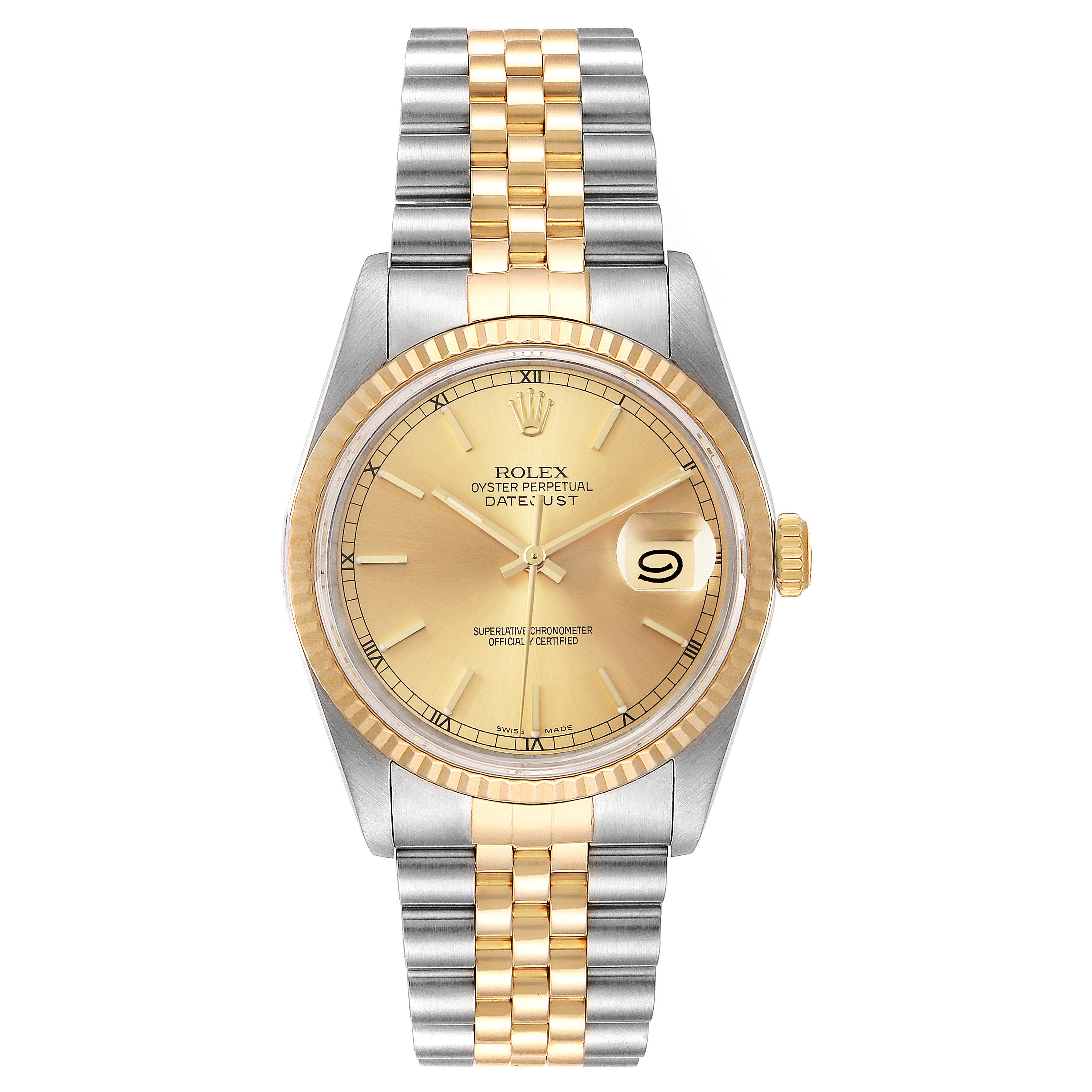 The image shows a frontal view of the Rolex Datejust 16233 Men's Steel and Gold (two tone) Champagne Dial 16233 Men's Steel and Gold (two tone) Champagne Dial watch with a two-tone band and date display at 3 o'clock.