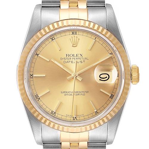 Photo of Rolex Datejust Steel 18K Yellow Gold Champagne Dial Watch 16233 Box Papers