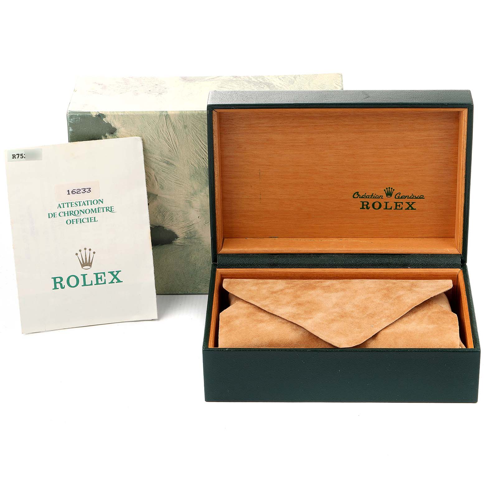 This image shows a Rolex Datejust 16233 Men's Steel and Gold (two tone) Champagne Dial 16233 Men's Steel and Gold (two tone) Champagne Dial watch box, warranty booklet, and suede pouch from a front angle.