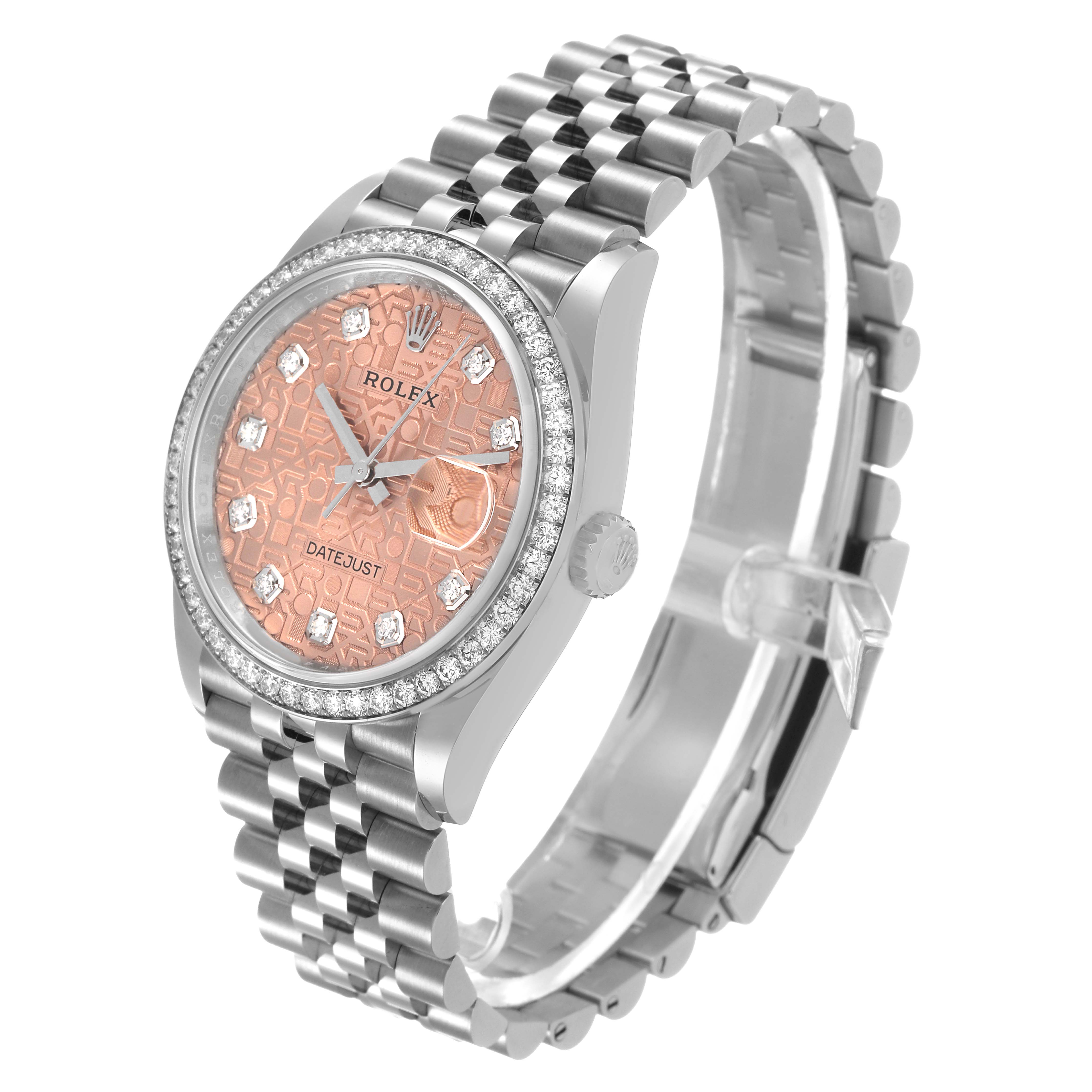 The image shows a Rolex Datejust 126284 Men's Stainless Steel Pink Dial watch at a three-quarter angle, highlighting the case, dial, bezel, and bracelet.