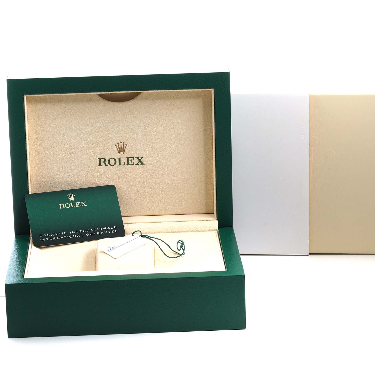The image shows a Rolex Datejust 126284 Men's Stainless Steel Pink Dial box, guarantee card, and tag, all viewed from the front.