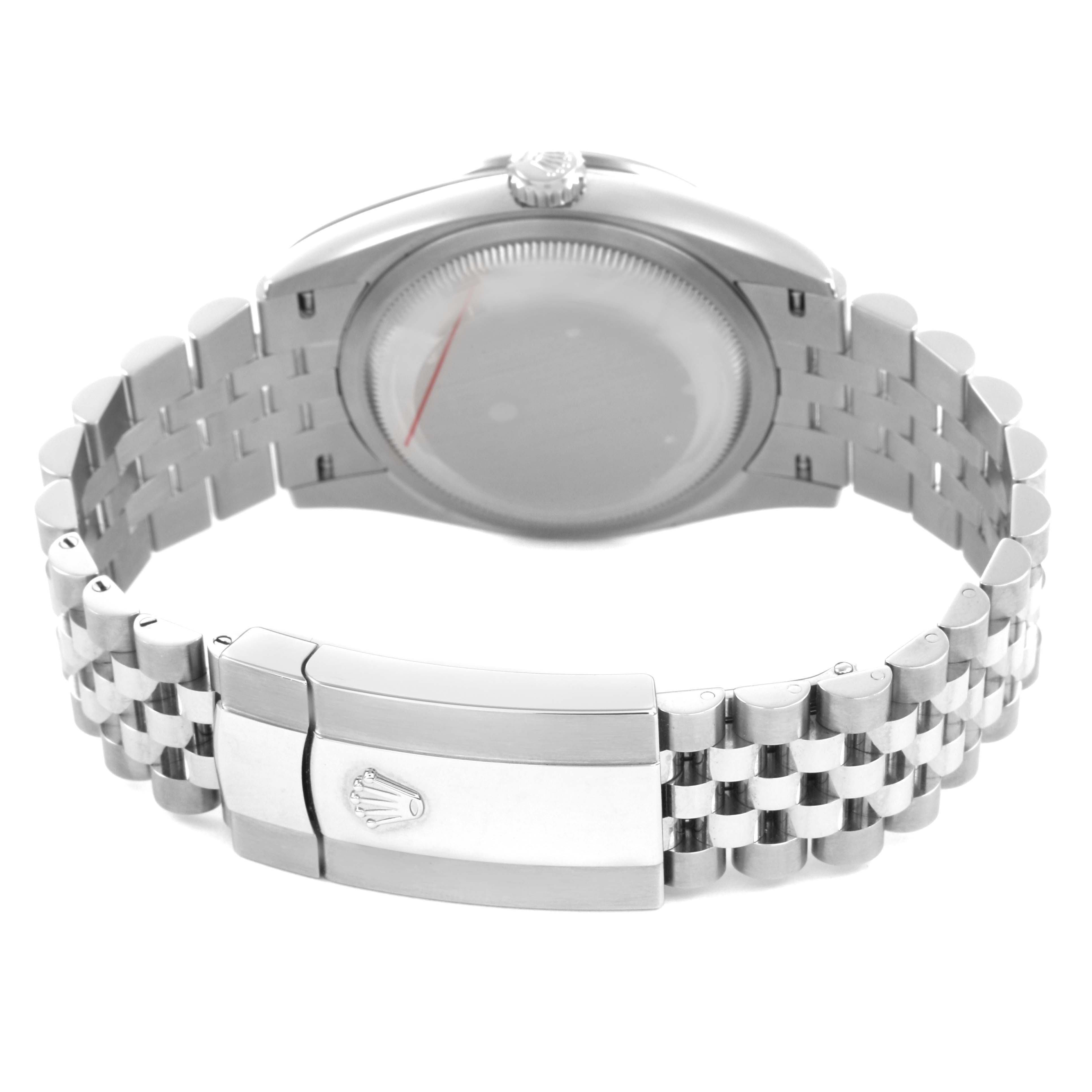 The image shows the back view of a Rolex Datejust 126284 Men's Stainless Steel Pink Dial, highlighting the bracelet and clasp.