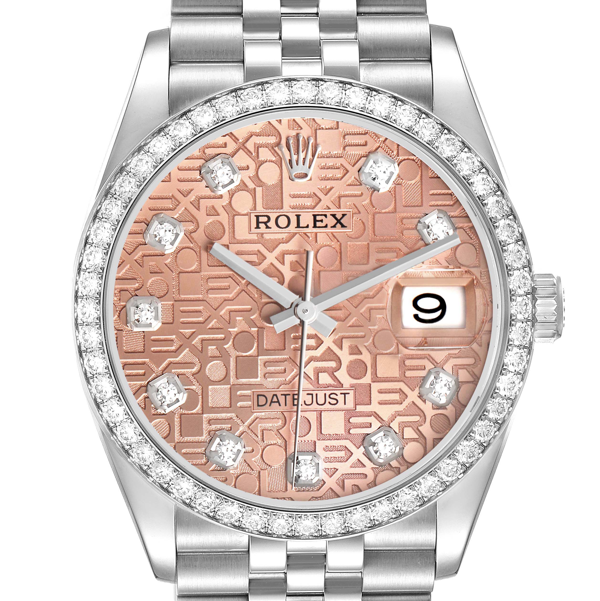 The Rolex Datejust 126284 Men's Stainless Steel Pink Dial watch is shown from a top view, highlighting the dial, bezel, and part of the bracelet.