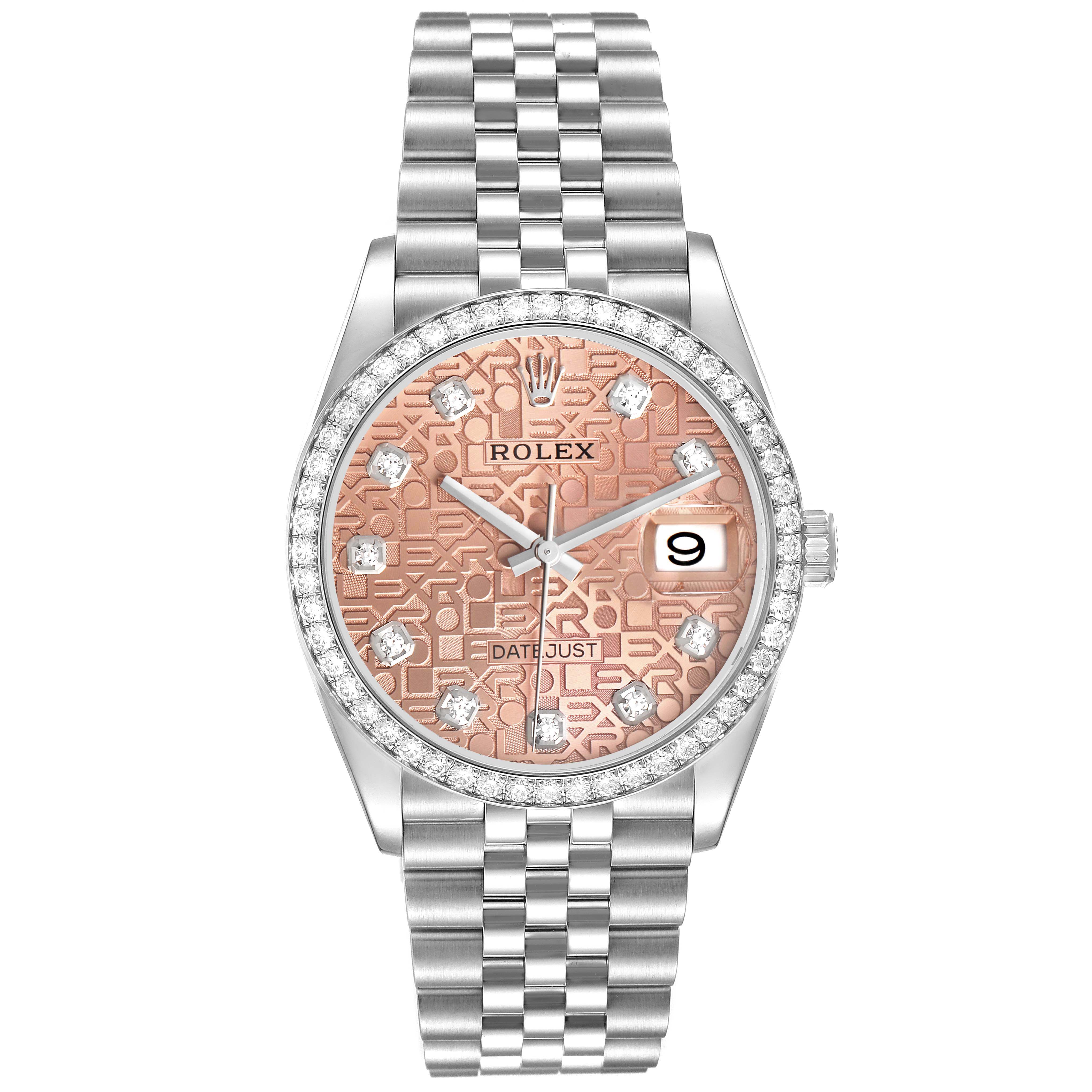 The image shows a front view of a Rolex Datejust 126284 Men's Stainless Steel Pink Dial watch, highlighting the dial, bezel, and bracelet.