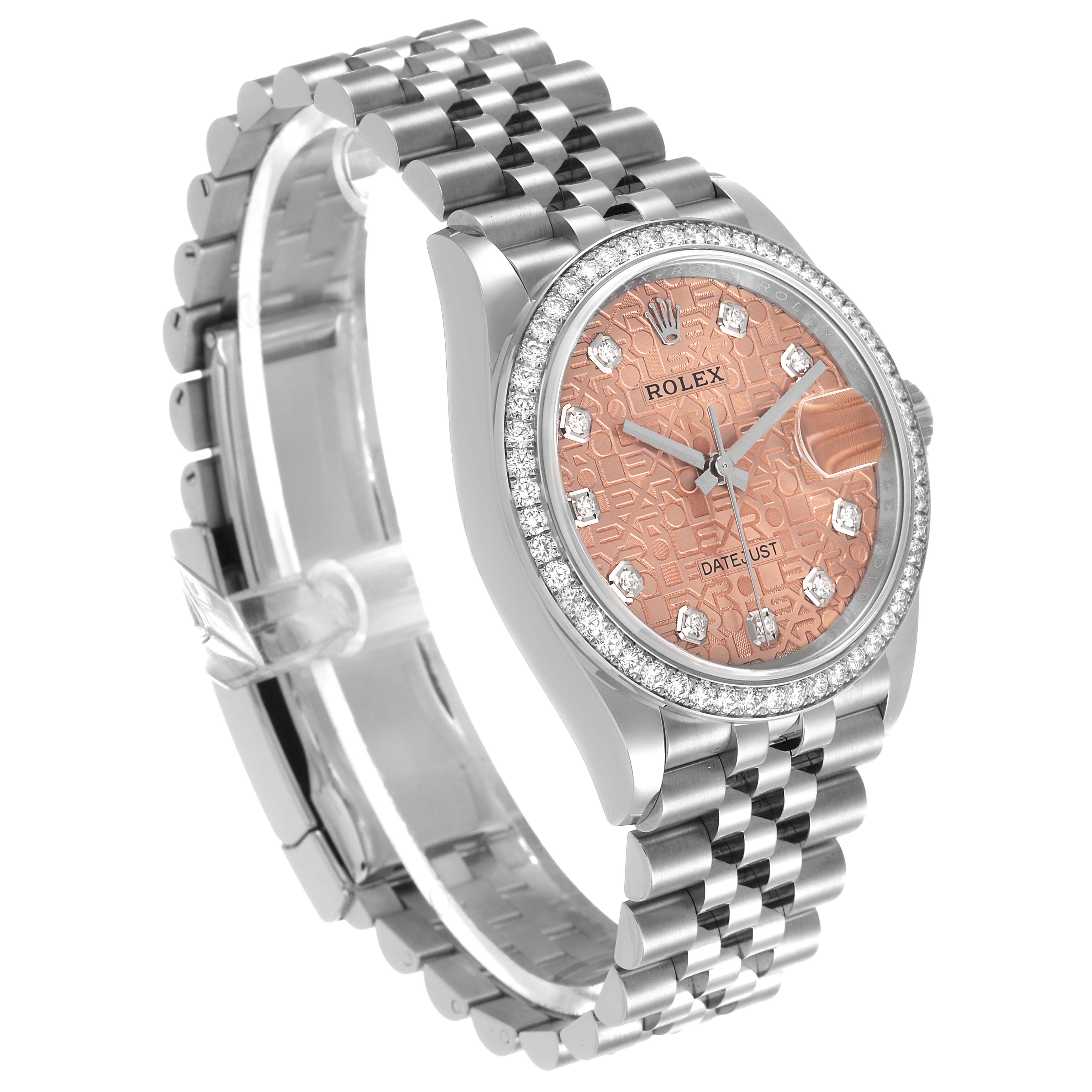 The Rolex Datejust 126284 Men's Stainless Steel Pink Dial watch is shown at a three-quarter angle displaying the face, bezel, bracelet, and side view.