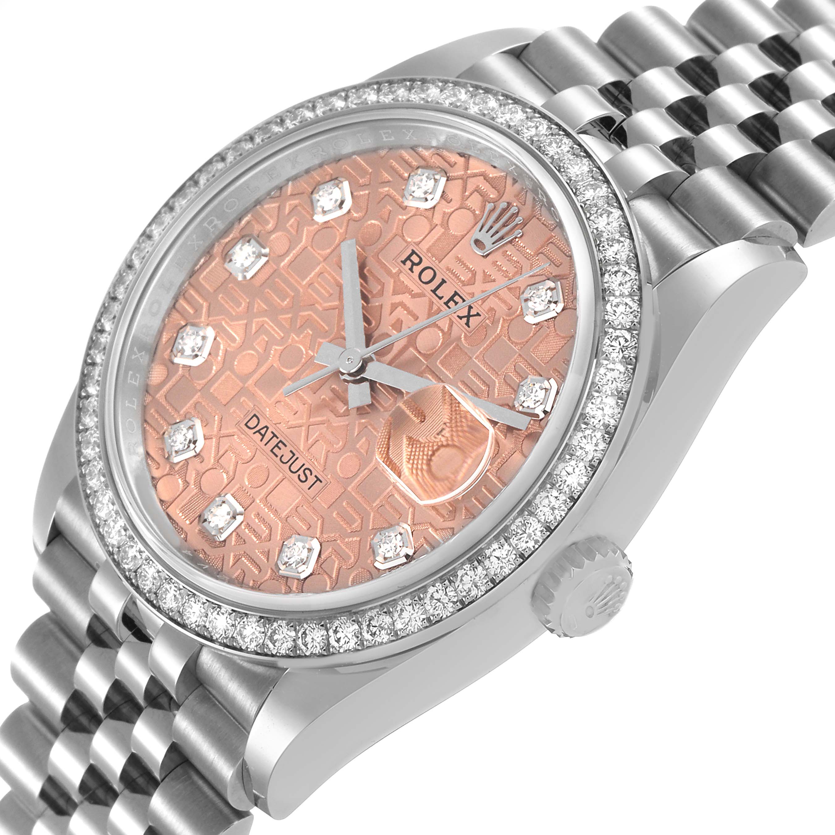 The Rolex Datejust 126284 Men's Stainless Steel Pink Dial watch is shown at an angled view, highlighting the face, bezel, and bracelet.