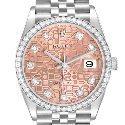 The Rolex Datejust 126284 Men's Stainless Steel Pink Dial is shown from the front, highlighting the dial, bezel, and part of the bracelet.