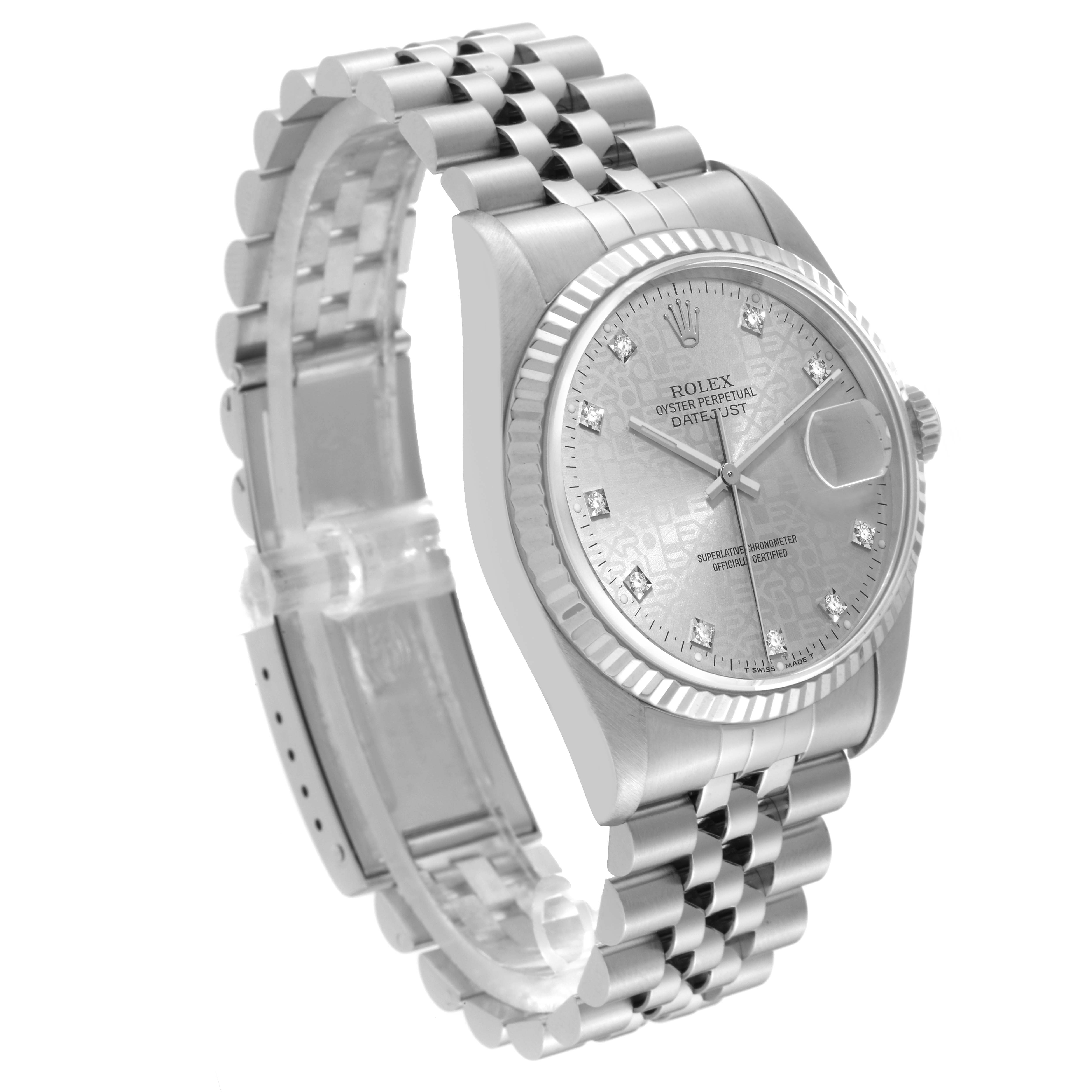 The image shows a Rolex Datejust 16234 Men's Stainless Steel Silver Dial 16234 Men's Stainless Steel Silver Dial watch from a front-angled view, highlighting the dial, bezel, and bracelet.
