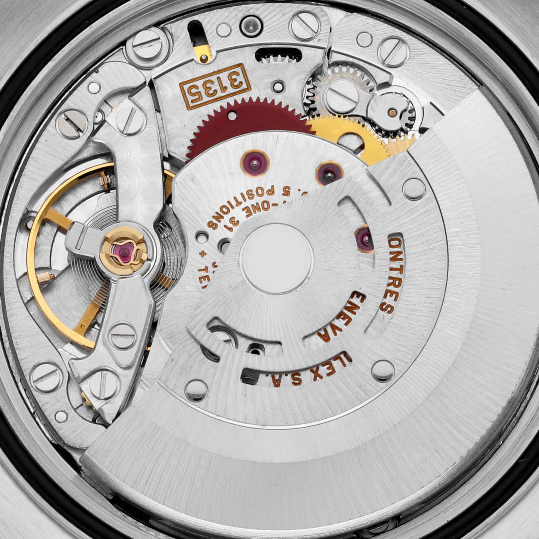 The image shows a close-up of the movement mechanism of a Rolex Datejust 16234 Men's Stainless Steel Silver Dial 16234 Men's Stainless Steel Silver Dial watch from the back side.