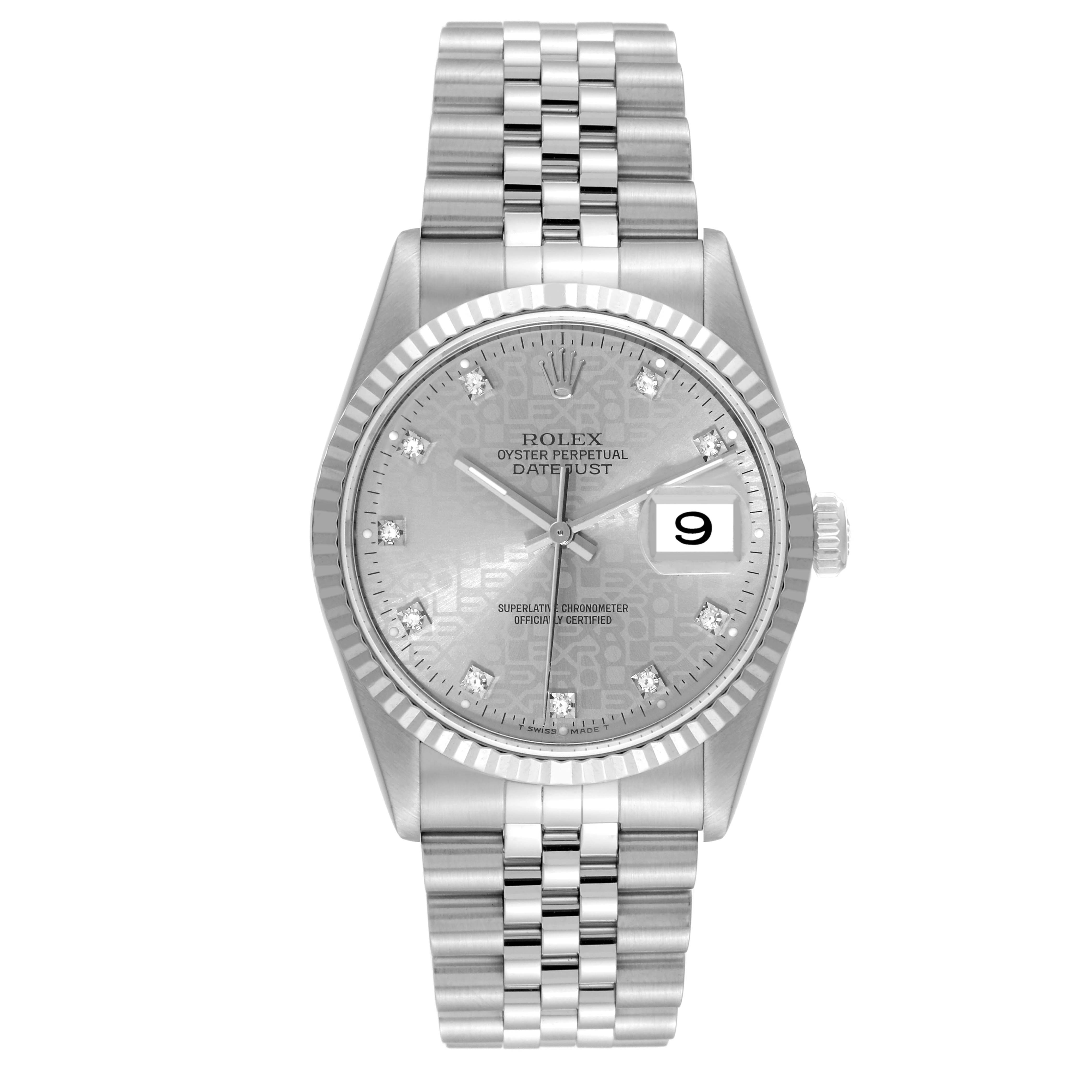 This image shows a front view of a Rolex Datejust 16234 Men's Stainless Steel Silver Dial 16234 Men's Stainless Steel Silver Dial watch, highlighting the dial, bezel, bracelet, and crown.
