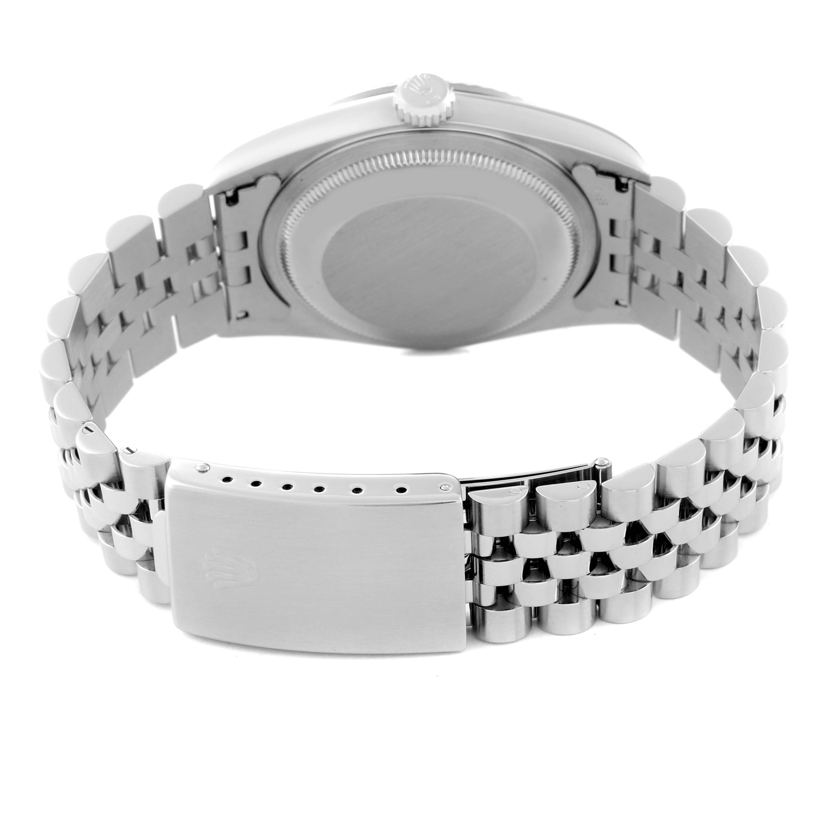 The image shows the back view of a Rolex Datejust 16234 Men's Stainless Steel Silver Dial 16234 Men's Stainless Steel Silver Dial watch, highlighting the clasp and bracelet.