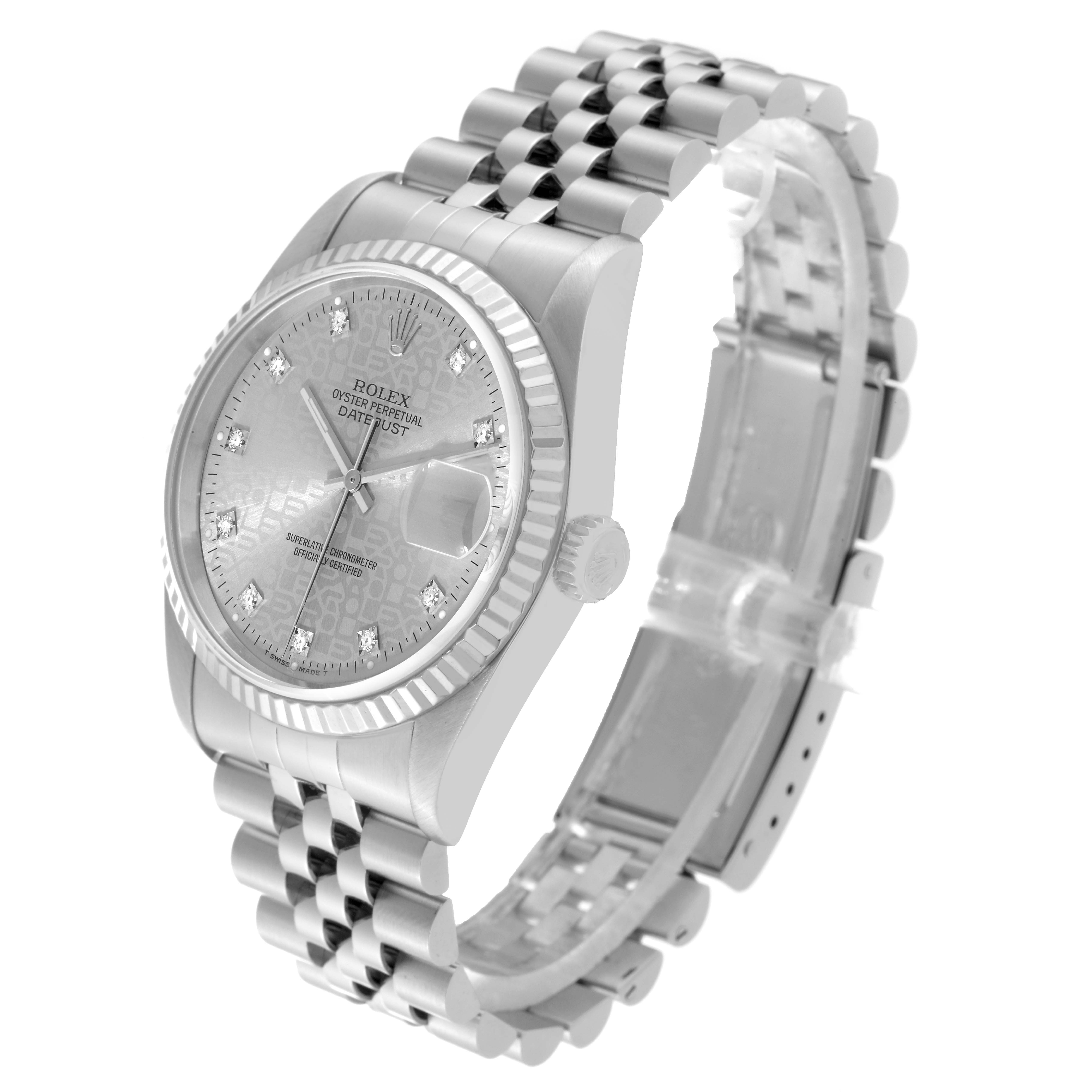 The image shows a side view of a Rolex Datejust 16234 Men's Stainless Steel Silver Dial 16234 Men's Stainless Steel Silver Dial watch, featuring its bezel, dial, crown, and Jubilee bracelet.