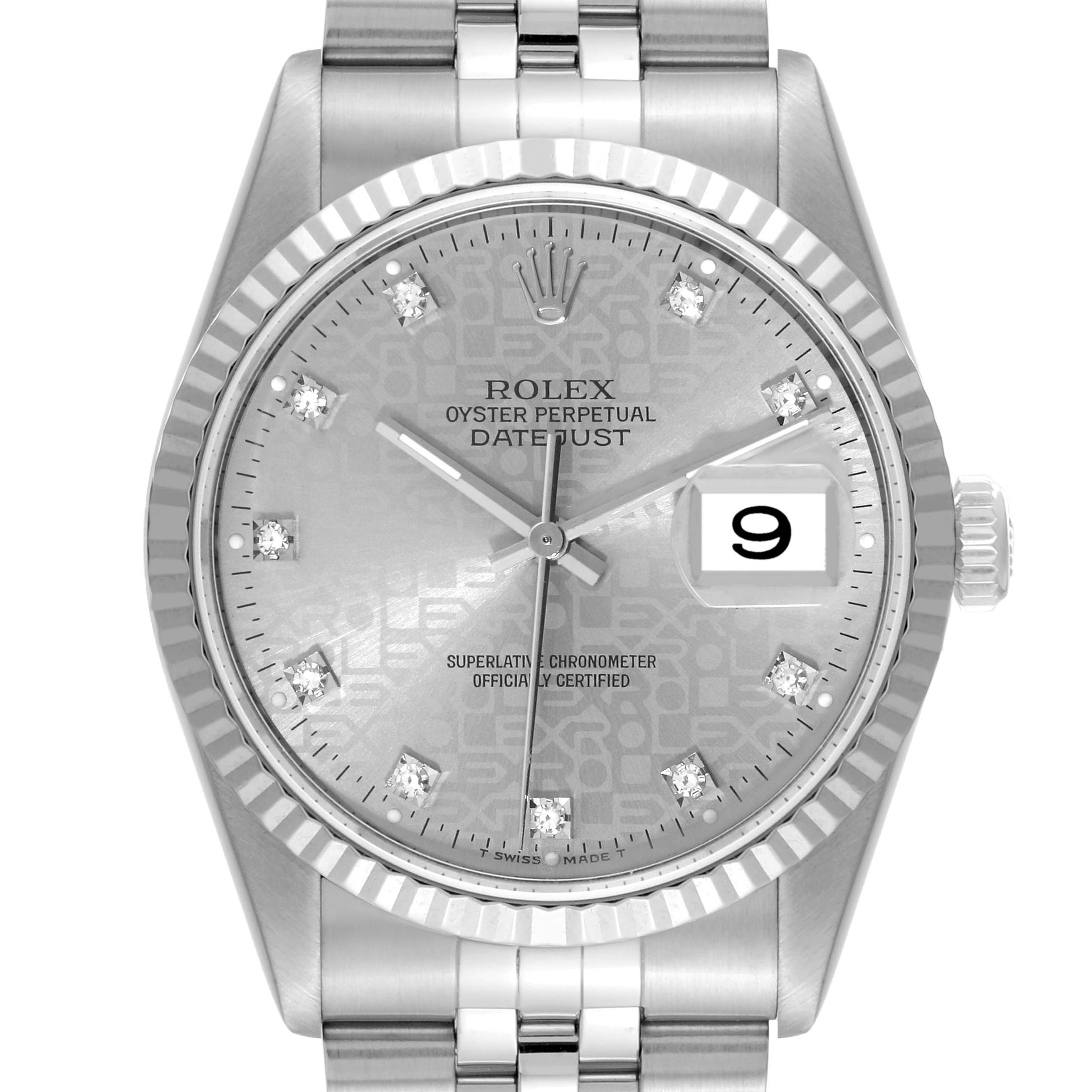 This image shows a front view of the Rolex Datejust 16234 Men's Stainless Steel Silver Dial 16234 Men's Stainless Steel Silver Dial watch, highlighting the dial, fluted bezel, crown, and part of the bracelet.