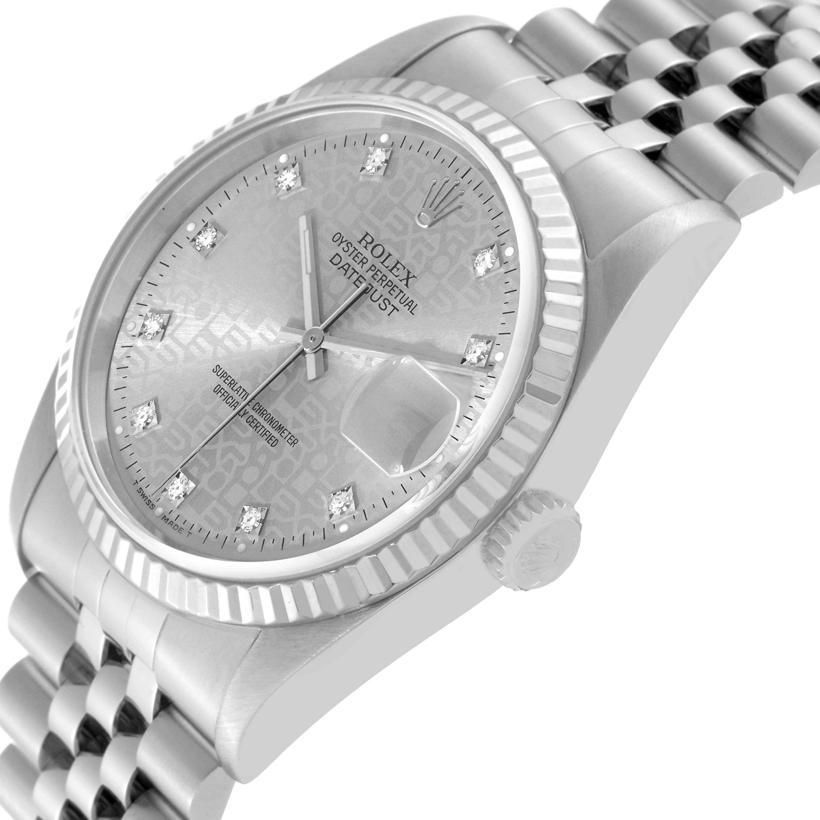 The image shows a Rolex Datejust 16234 Men's Stainless Steel Silver Dial 16234 Men's Stainless Steel Silver Dial watch at an angled side view, highlighting the face, bezel, crown, and part of the bracelet.
