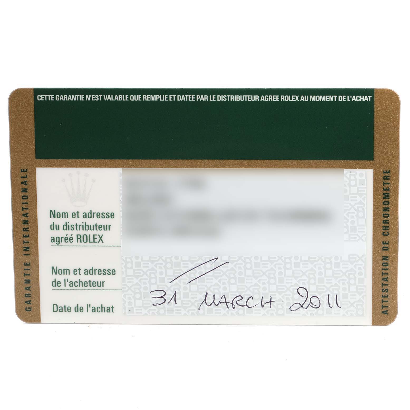 This image shows the warranty card of a Rolex Datejust 179174 Women's Stainless Steel Black Dial 179174 Women's Stainless Steel Black Dial watch, detailing purchase date and distributor information.