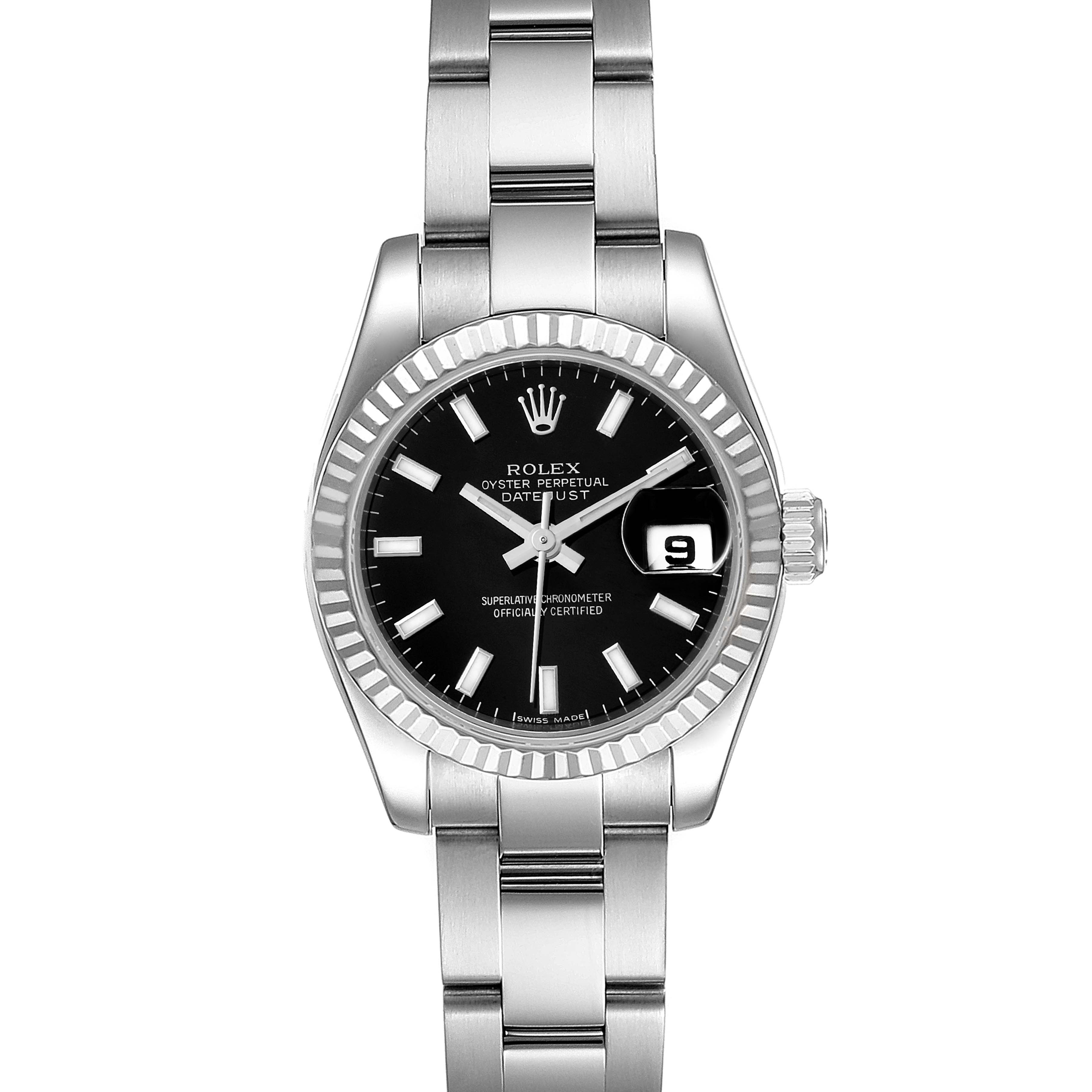 This is a front view of a Rolex Datejust 179174 Women's Stainless Steel Black Dial 179174 Women's Stainless Steel Black Dial watch showing the face, bezel, and part of the bracelet.
