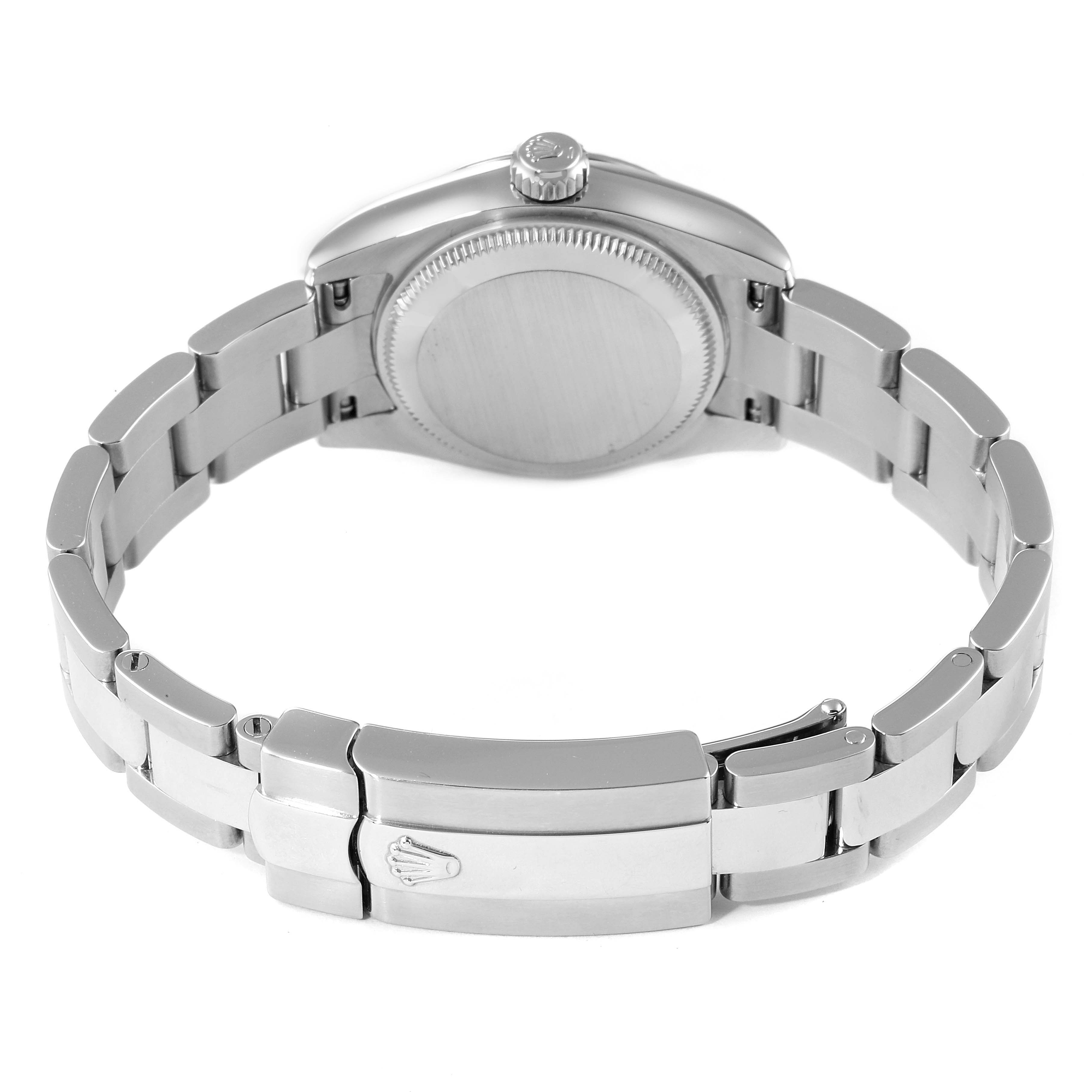 This image shows the back view of a Rolex Datejust 179174 Women's Stainless Steel Black Dial 179174 Women's Stainless Steel Black Dial watch, highlighting the bracelet, clasp, and closed case back.