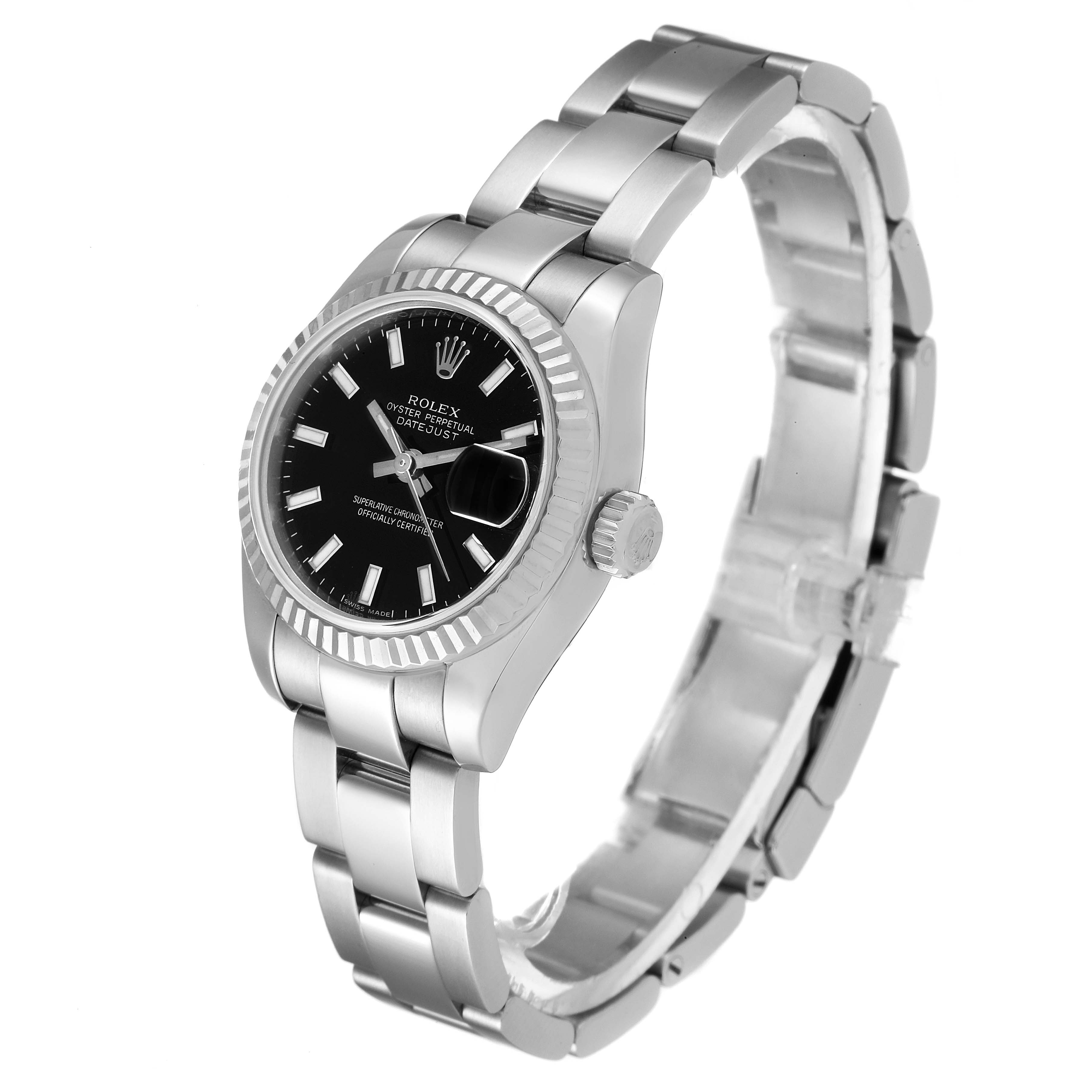 The image shows a Rolex Datejust 179174 Women's Stainless Steel Black Dial 179174 Women's Stainless Steel Black Dial watch from an angle highlighting its face, bezel, crown, and bracelet.